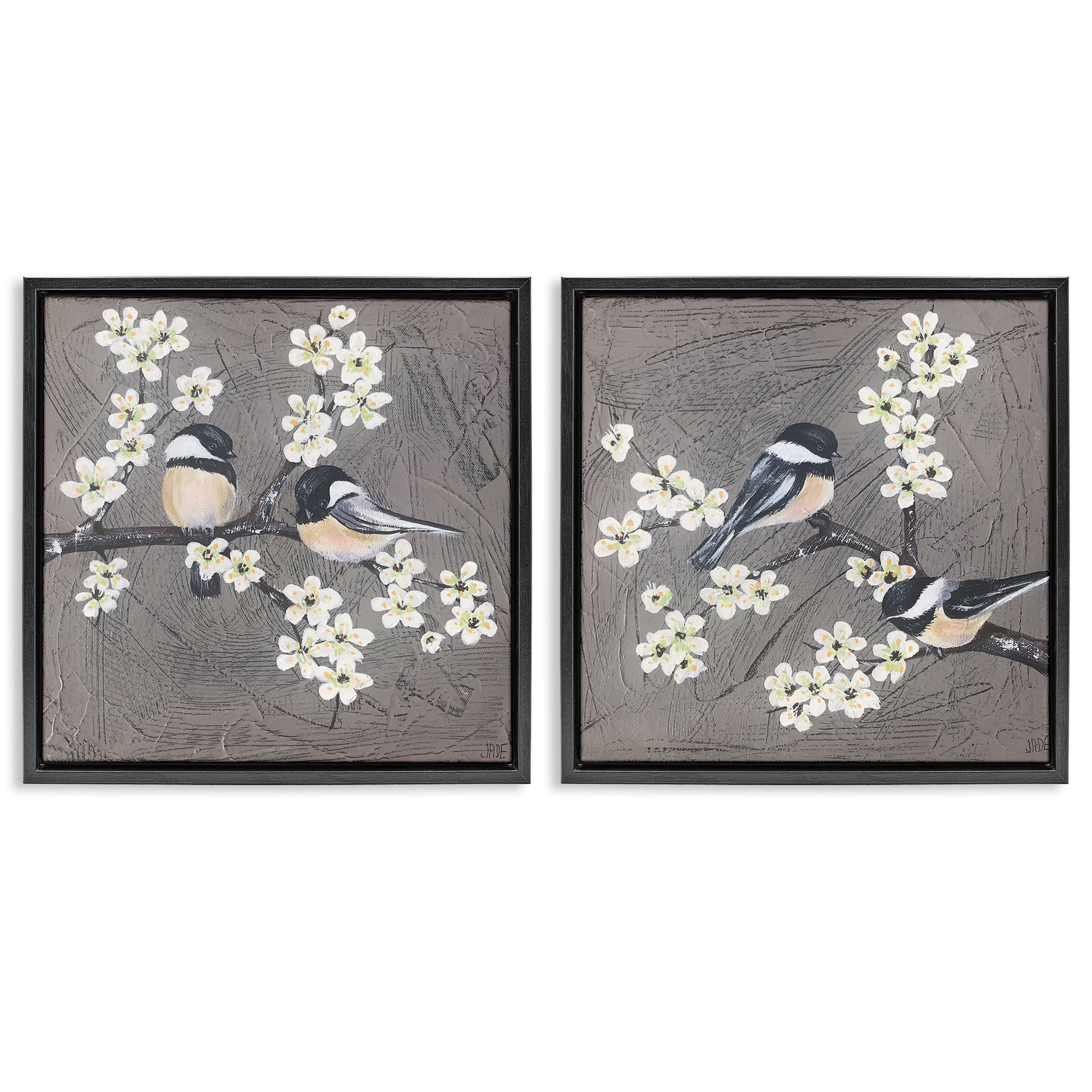 Stupell Industries Chickadee Birds Flowering Branch Animals Painting Black Floater Framed Canvas Art Print Wall Art, 25 x 25, Set of 2