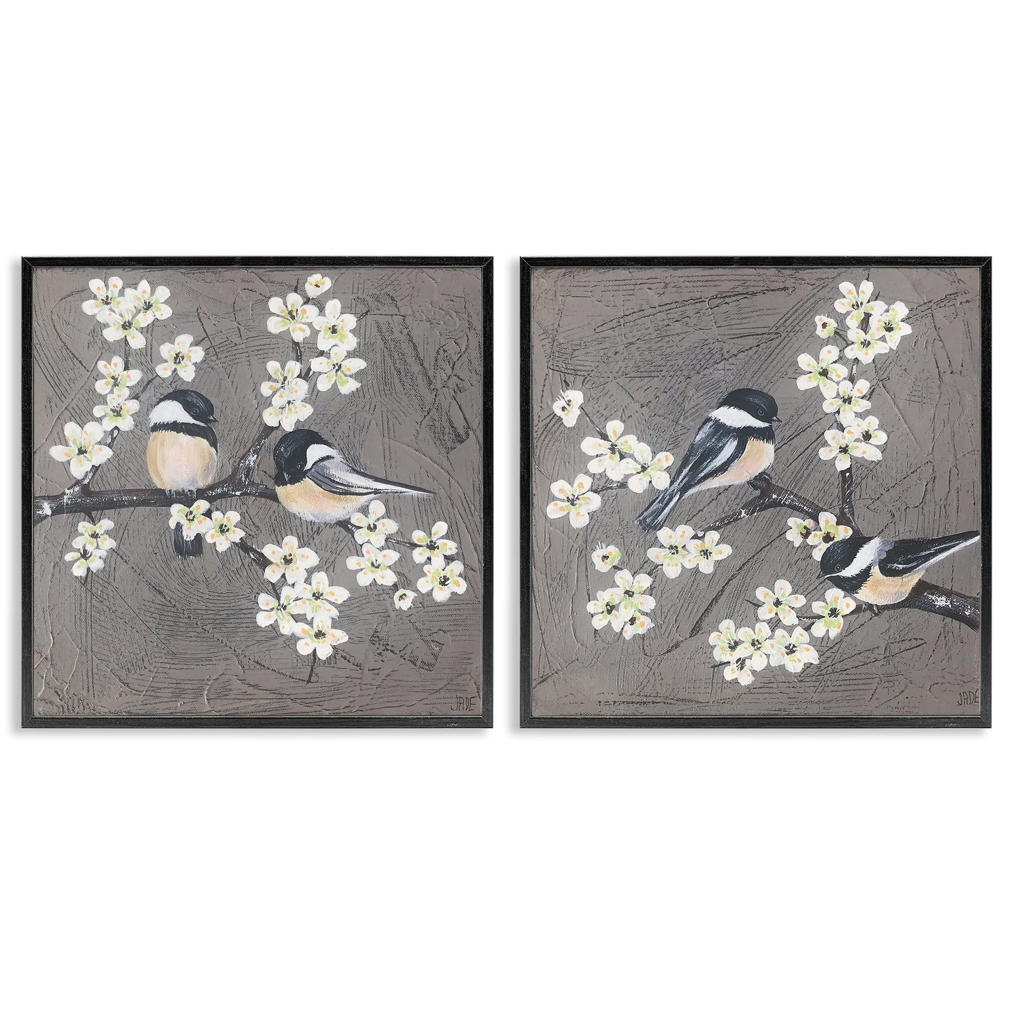 Stupell Industries Chickadee Birds Flowering Branch Animals Painting Black Framed Art Print Wall Art, 17 x 17, Set of 2