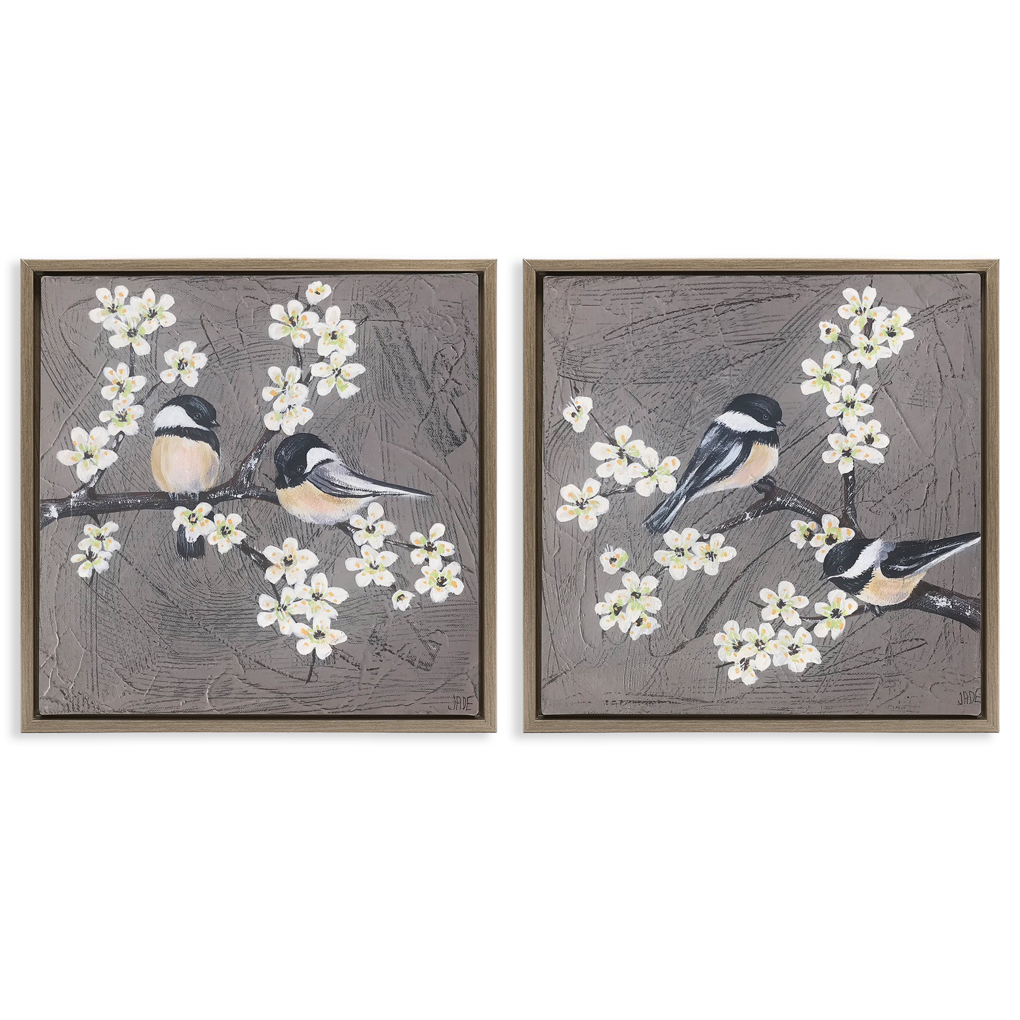Stupell Industries Chickadee Birds Flowering Branch Animals Painting Brown Floater Framed Canvas Art Print Wall Art, 18 x 18, Set of 2