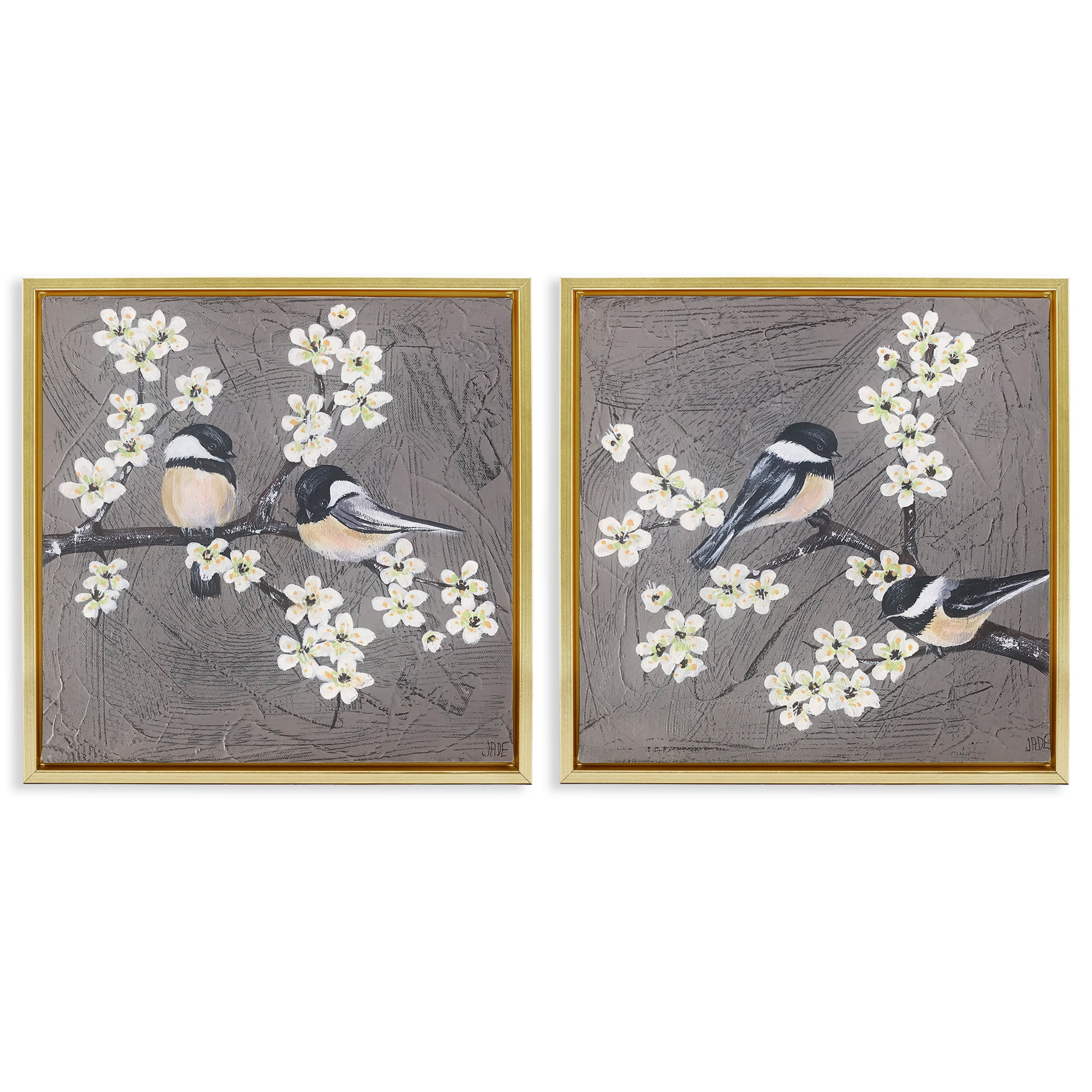 Stupell Industries Chickadee Birds Flowering Branch Animals Painting Gold Floater Framed Canvas Art Print Wall Art, 25 x 25, Set of 2