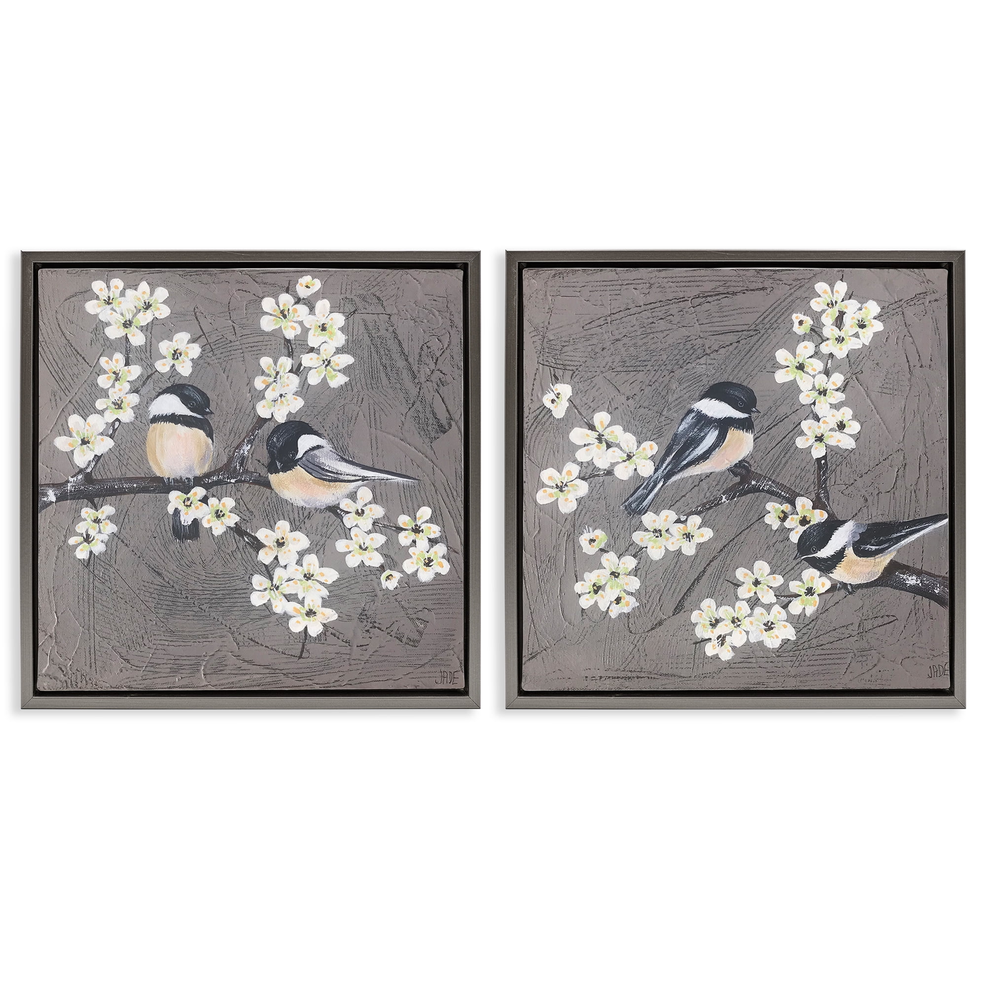 Stupell Industries Chickadee Birds Flowering Branch Animals Painting Gray Floater Framed Canvas Art Print Wall Art, 18 x 18, Set of 2