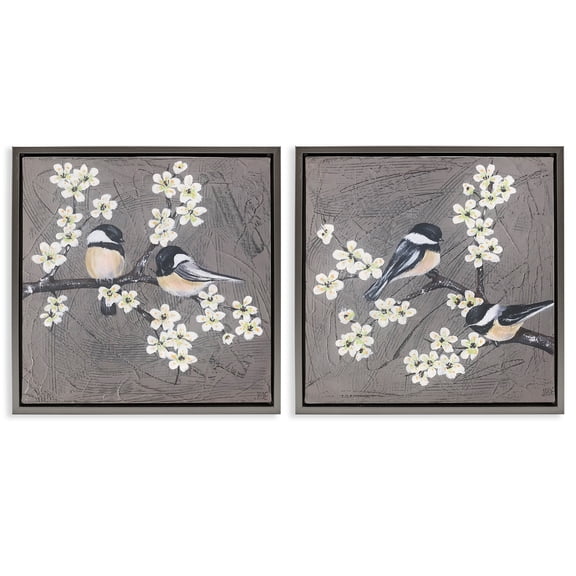 Stupell Industries Chickadee Birds Flowering Branch Animals Painting Gray Floater Framed Canvas Art Print Wall Art, 18 x 18, Set of 2