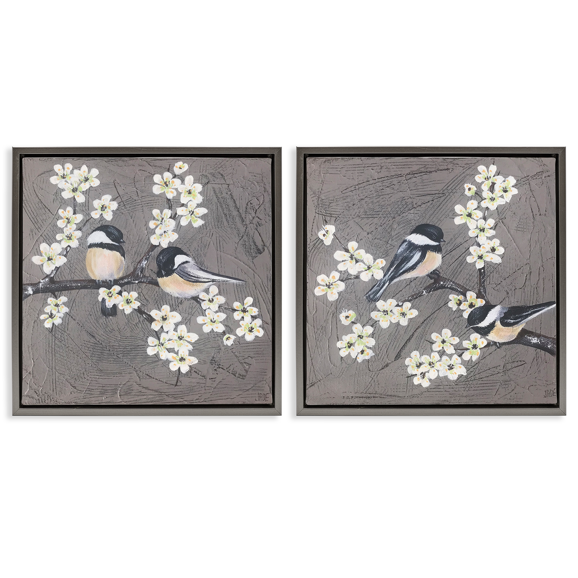Stupell Industries Chickadee Birds Flowering Branch Animals Painting Gray Floater Framed Canvas Art Print Wall Art, 25 x 25, Set of 2