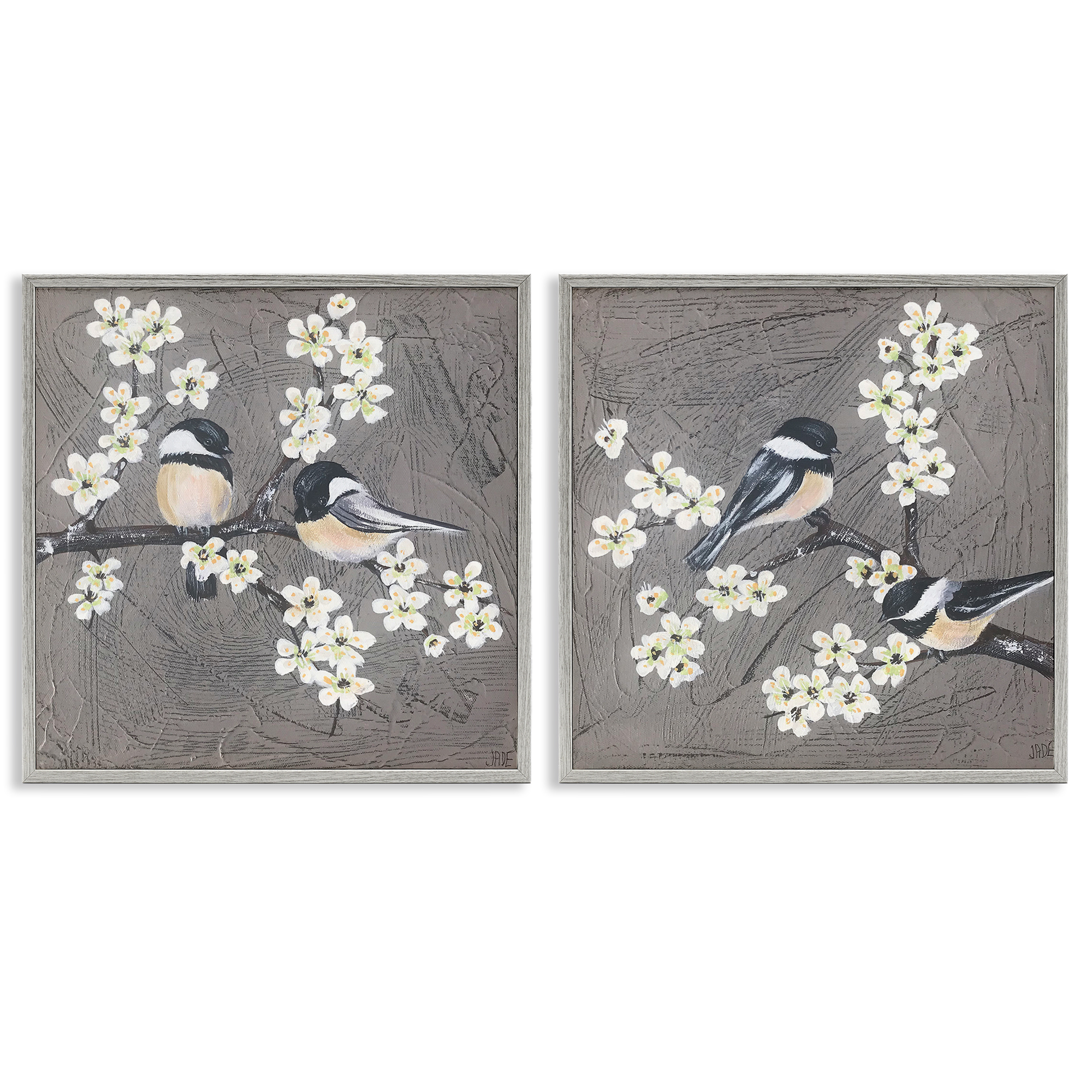 Stupell Industries Chickadee Birds Flowering Branch Animals Painting Gray Framed Art Print Wall Art, 17 x 17, Set of 2