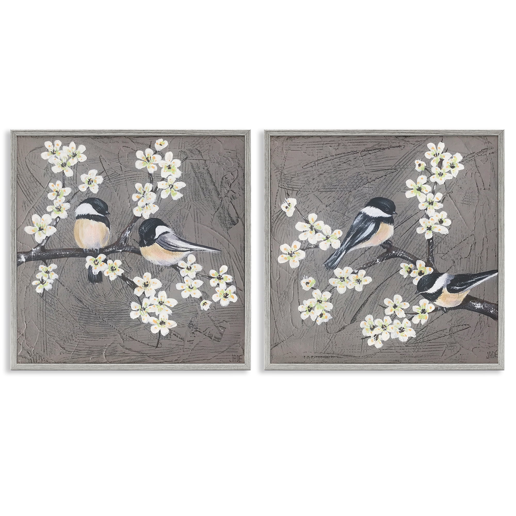 Stupell Industries Chickadee Birds Flowering Branch Animals Painting Gray Framed Art Print Wall Art, 24 x 24, Set of 2