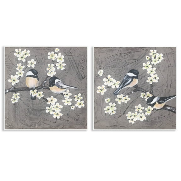 Stupell Industries Chickadee Birds Flowering Branch Animals Painting Unframed Art Print Wall Art, 12 x 12, Set of 2