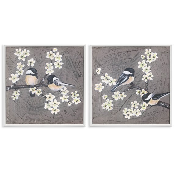 Stupell Industries Chickadee Birds Flowering Branch Animals Painting White Framed Art Print Wall Art, 12 x 12, Set of 2