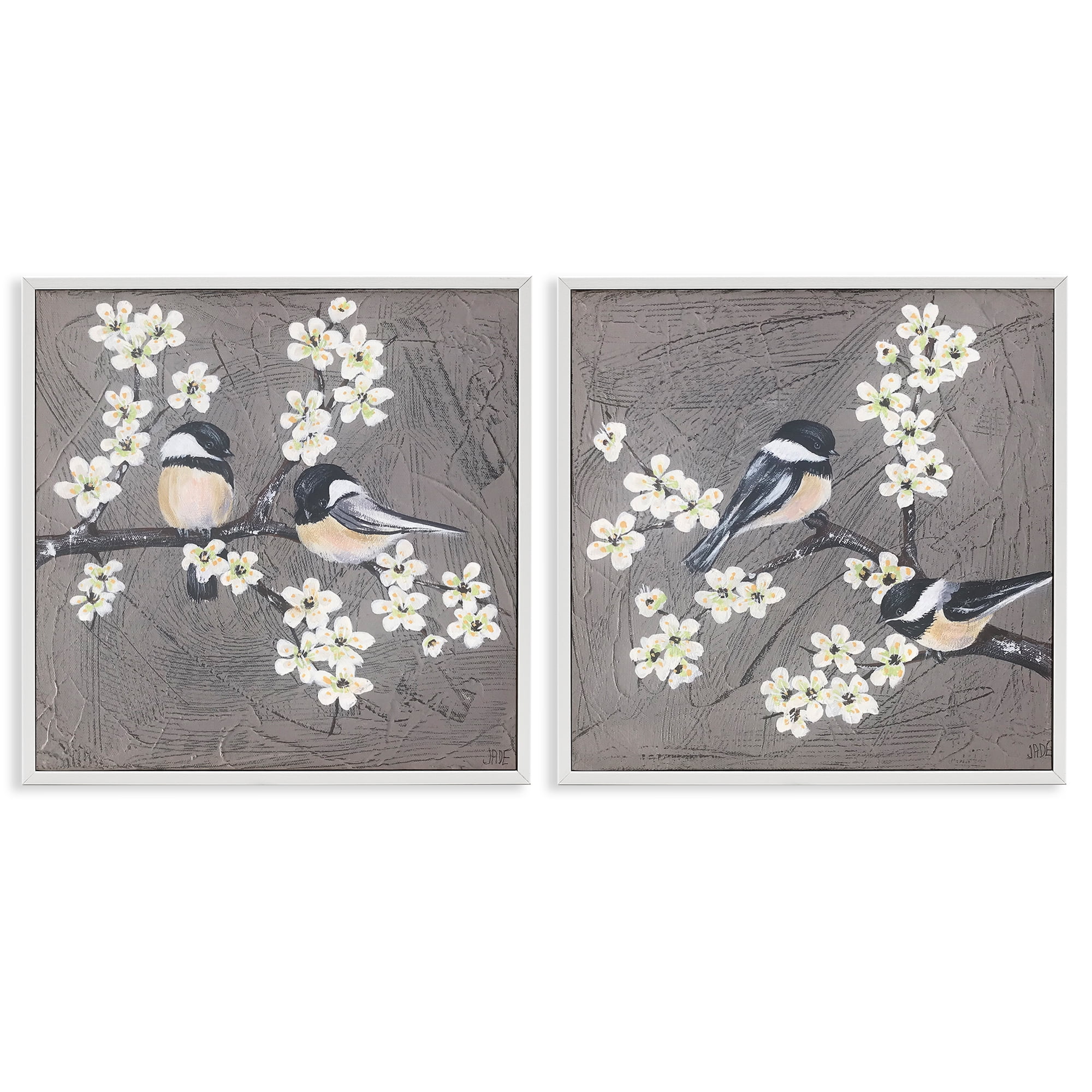 Stupell Industries Chickadee Birds Flowering Branch Animals Painting White Framed Art Print Wall Art, 24 x 24, Set of 2