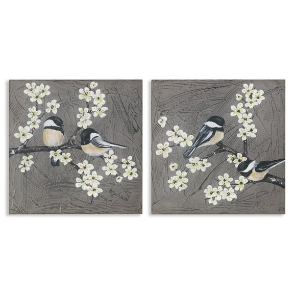 Stupell Industries Chickadee Birds Flowering Branch Animals Painting Wrapped Canvas Art Print Wall Art, 17 x 17, Set of 2