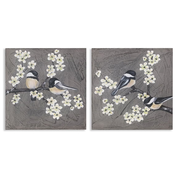 Stupell Industries Chickadee Birds Flowering Branch Animals Painting Wrapped Canvas Art Print Wall Art, 24 x 24, Set of 2