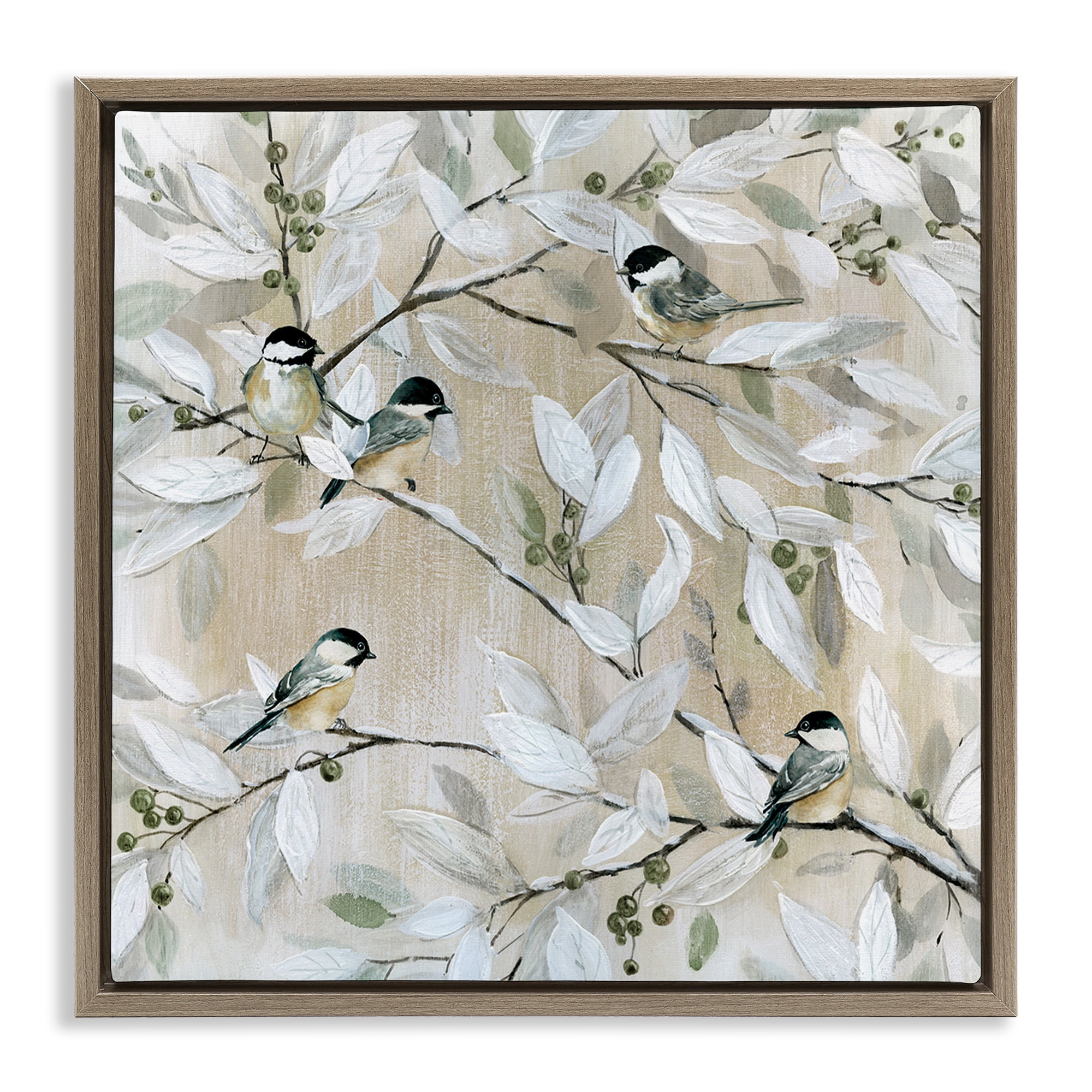 Stupell Industries Chickadee Birds on Branches Botanical & Floral Painting Brown Floater Framed Canvas Art Print Wall Art, 25 x 25