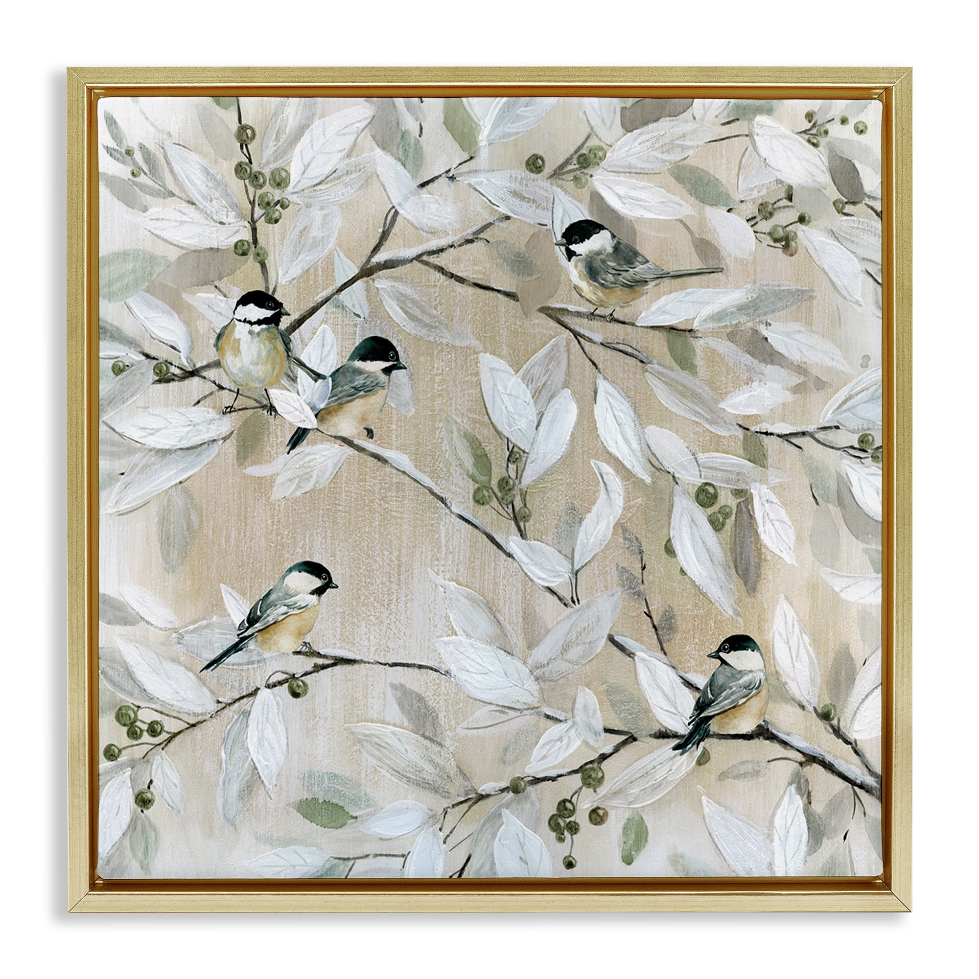 Stupell Industries Chickadee Birds on Branches Botanical & Floral Painting Gold Floater Framed Canvas Art Print Wall Art, 25 x 25