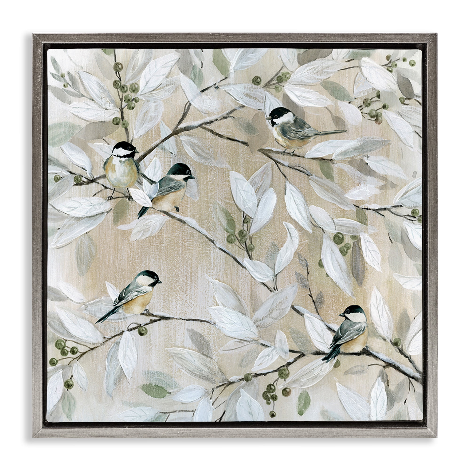 Stupell Industries Chickadee Birds on Branches Botanical & Floral Painting Gray Floater Framed Canvas Art Print Wall Art, 18 x 18