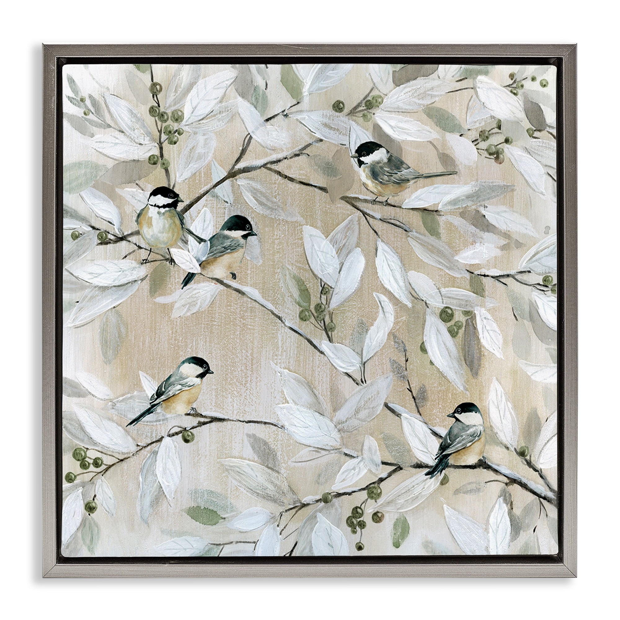 Stupell Industries Chickadee Birds on Branches Botanical & Floral Painting Gray Floater Framed Canvas Art Print Wall Art, 25 x 25