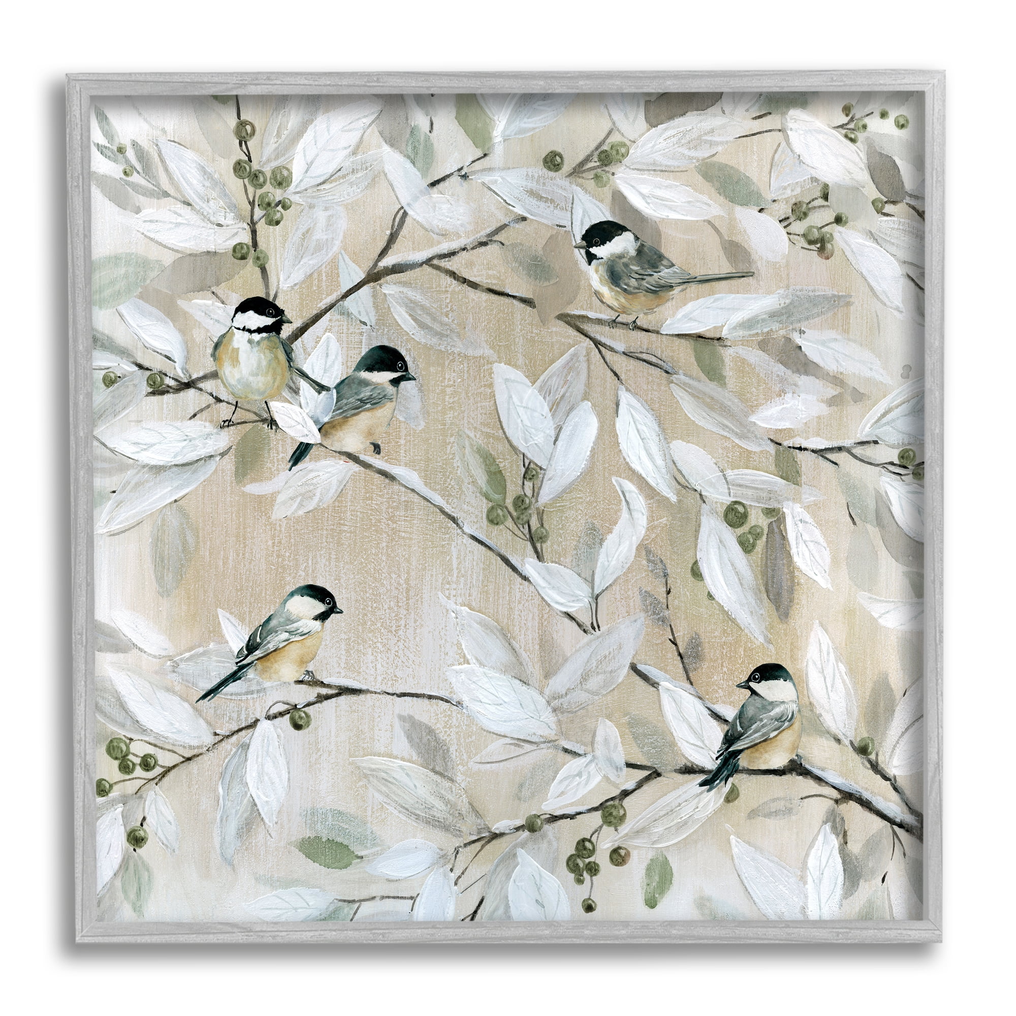 Gray Framed Canvas Print with Chickadee Birds for Nursery, 17 x 17