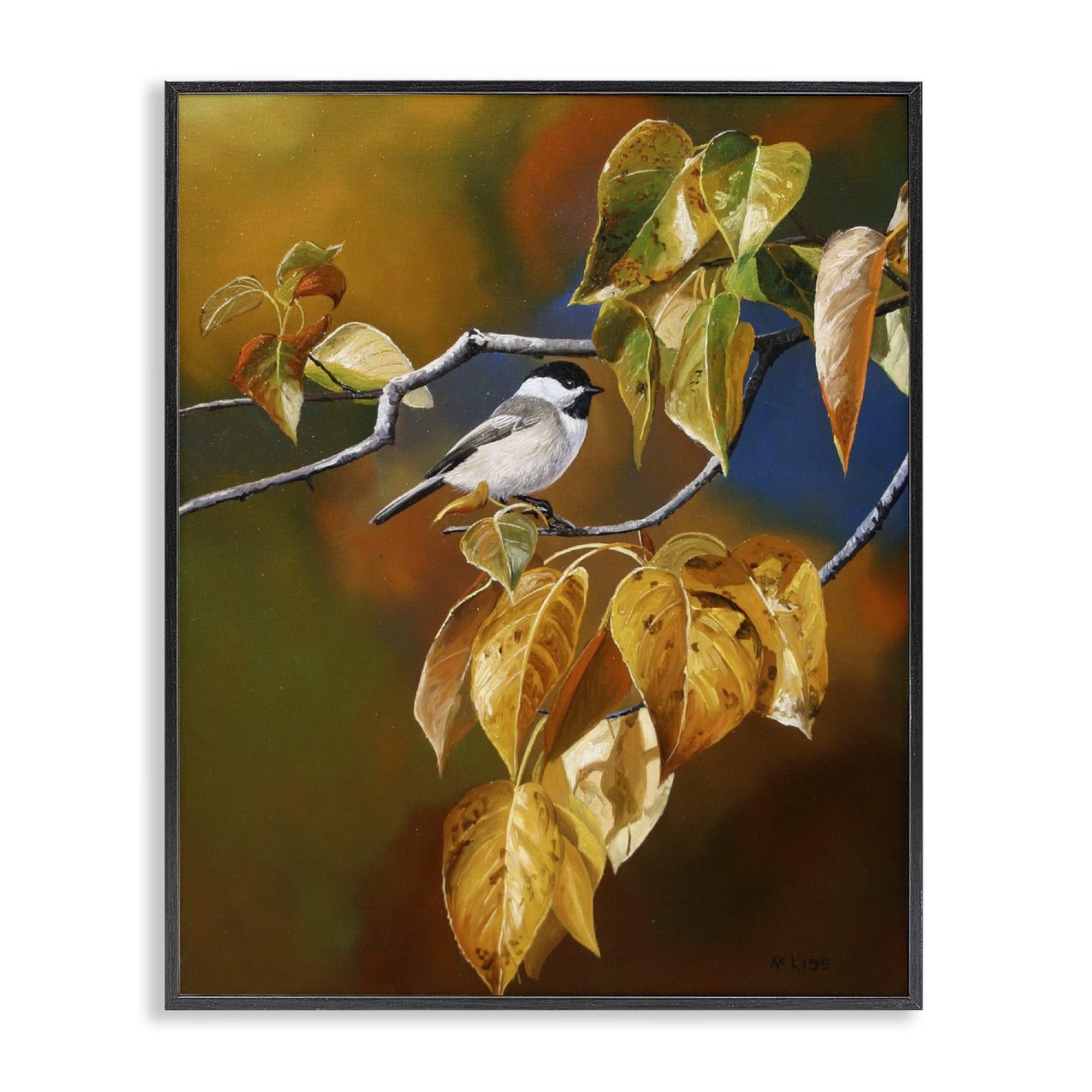 Stupell Industries Chickadee on Branch Animals Painting Black Framed Art Print Wall Art, 16 x 20