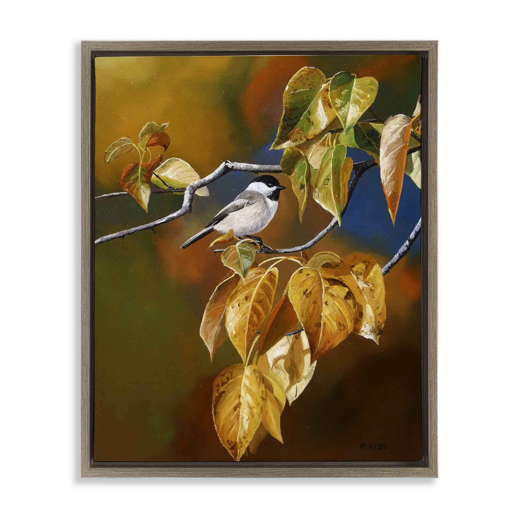 Stupell Industries Chickadee on Branch Animals Painting Brown Floater Framed Canvas Art Print Wall Art, 25 x 31