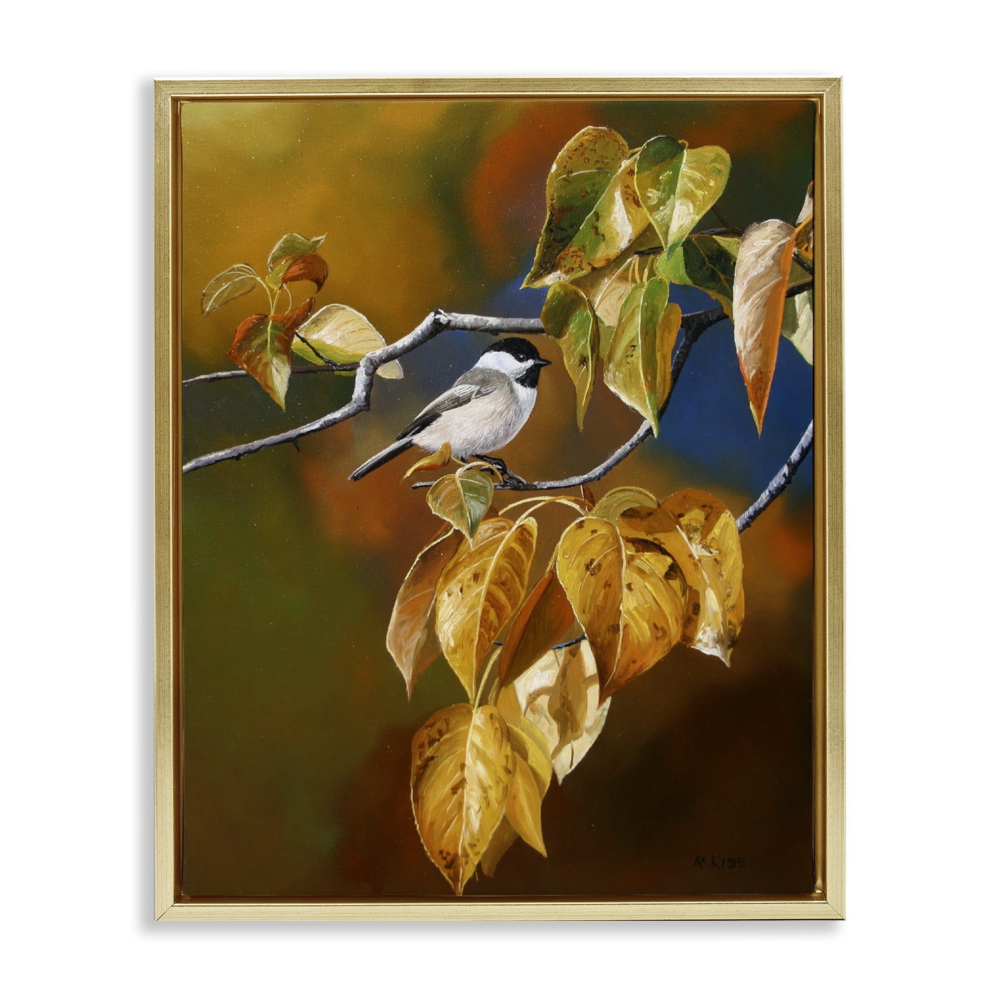 Stupell Industries Chickadee on Branch Animals Painting Gold Floater Framed Canvas Art Print Wall Art, 25 x 31