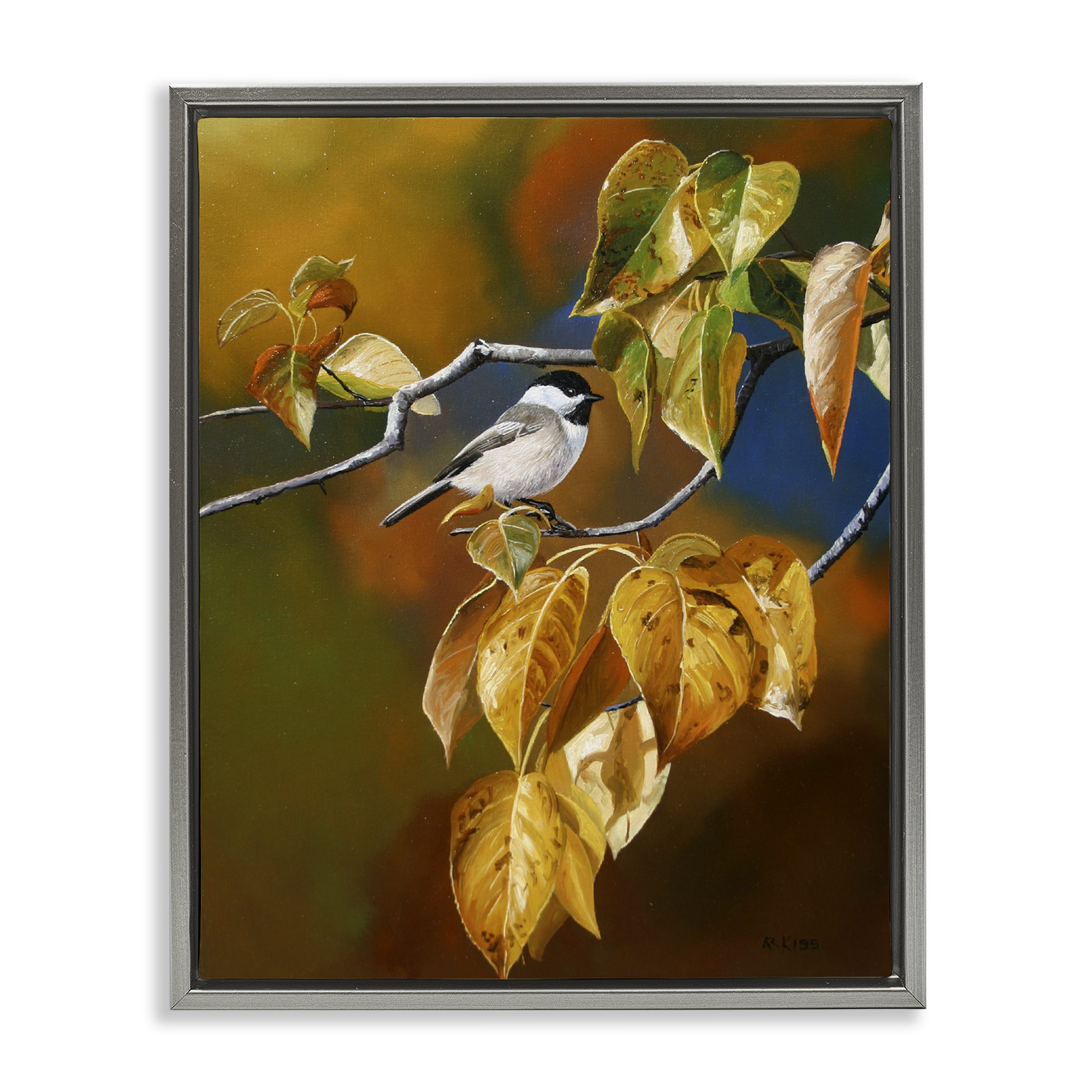 Stupell Industries Chickadee on Branch Animals Painting Gray Floater Framed Canvas Art Print Wall Art, 17 x 21