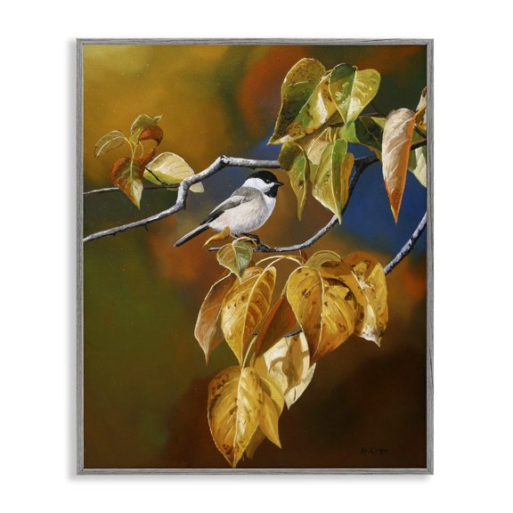 Stupell Industries Chickadee on Branch Animals Painting Gray Framed Art Print Wall Art, 11 x 14