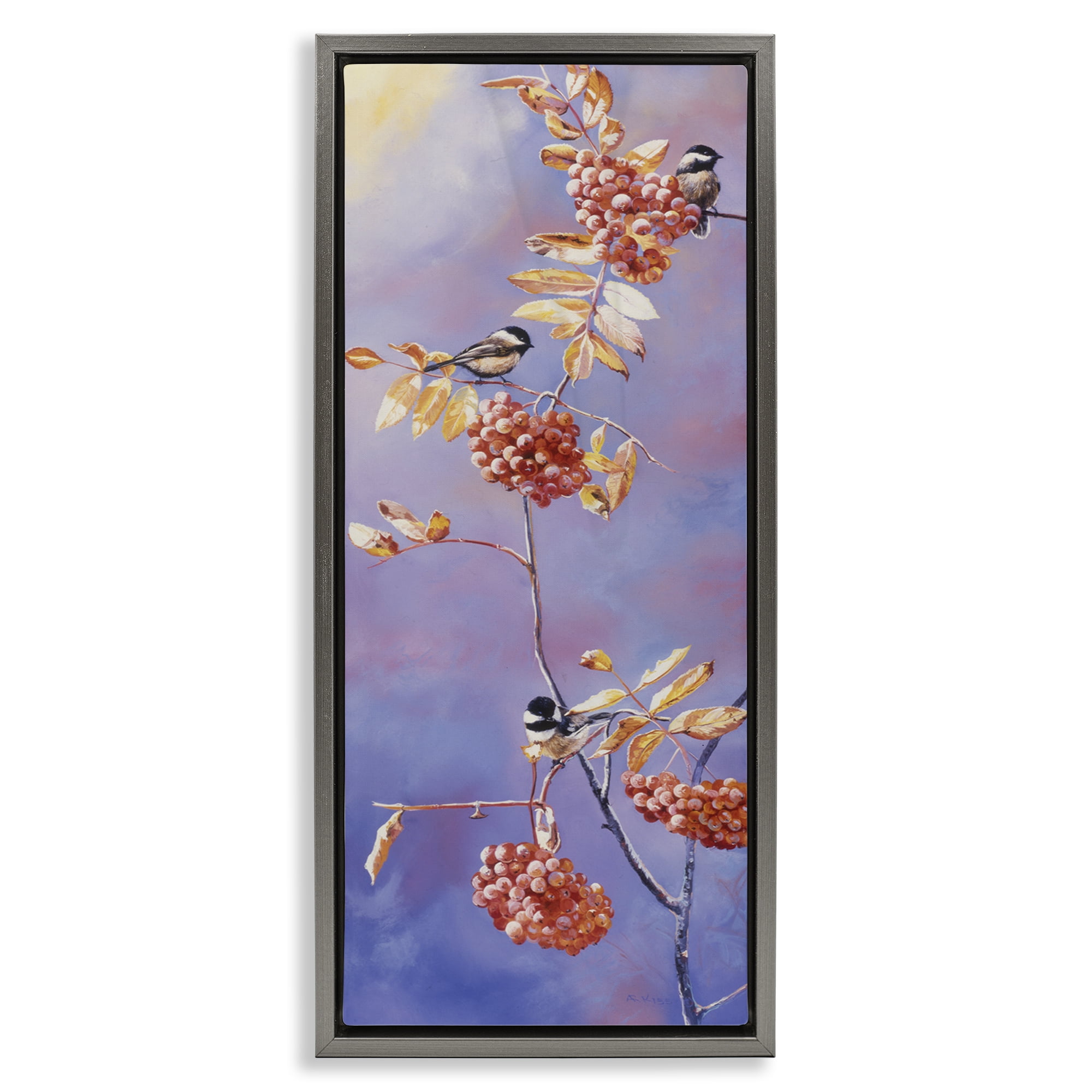 Stupell Industries Chickadees & Mountain Ash Plants & Flowers Painting Gray Floater Framed Canvas Art Print Wall Art, 11 x 25