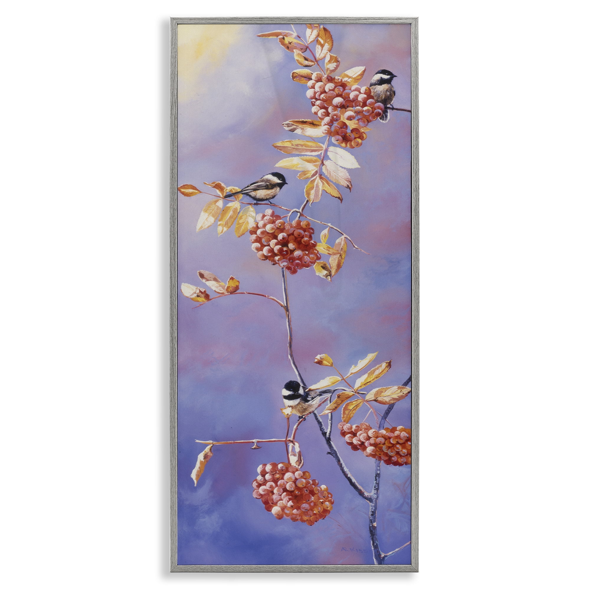 Stupell Industries Chickadees & Mountain Ash Plants & Flowers Painting Gray Framed Art Print Wall Art, 10 x 24