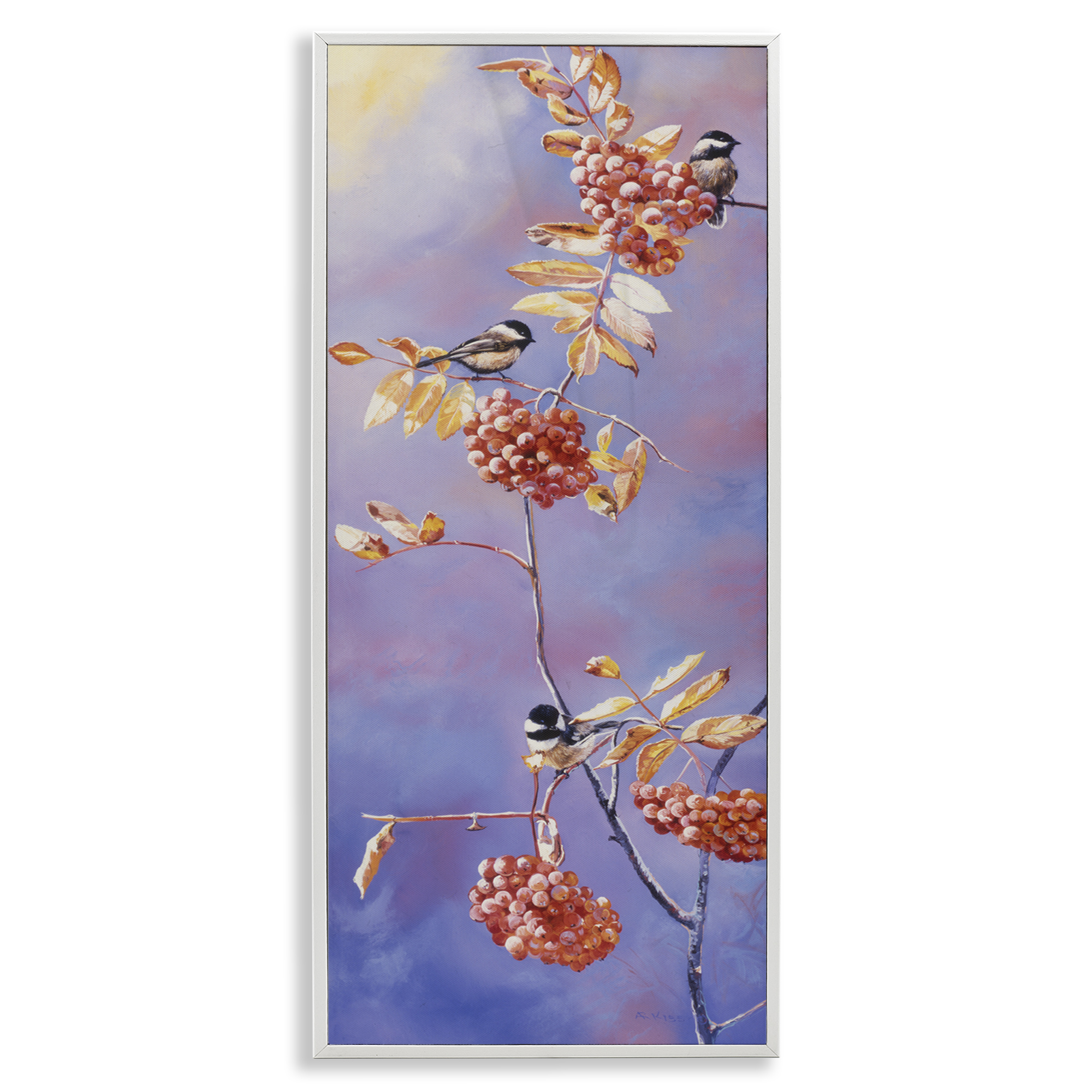 Stupell Industries Chickadees & Mountain Ash Plants & Flowers Painting White Framed Art Print Wall Art, 13 x 30