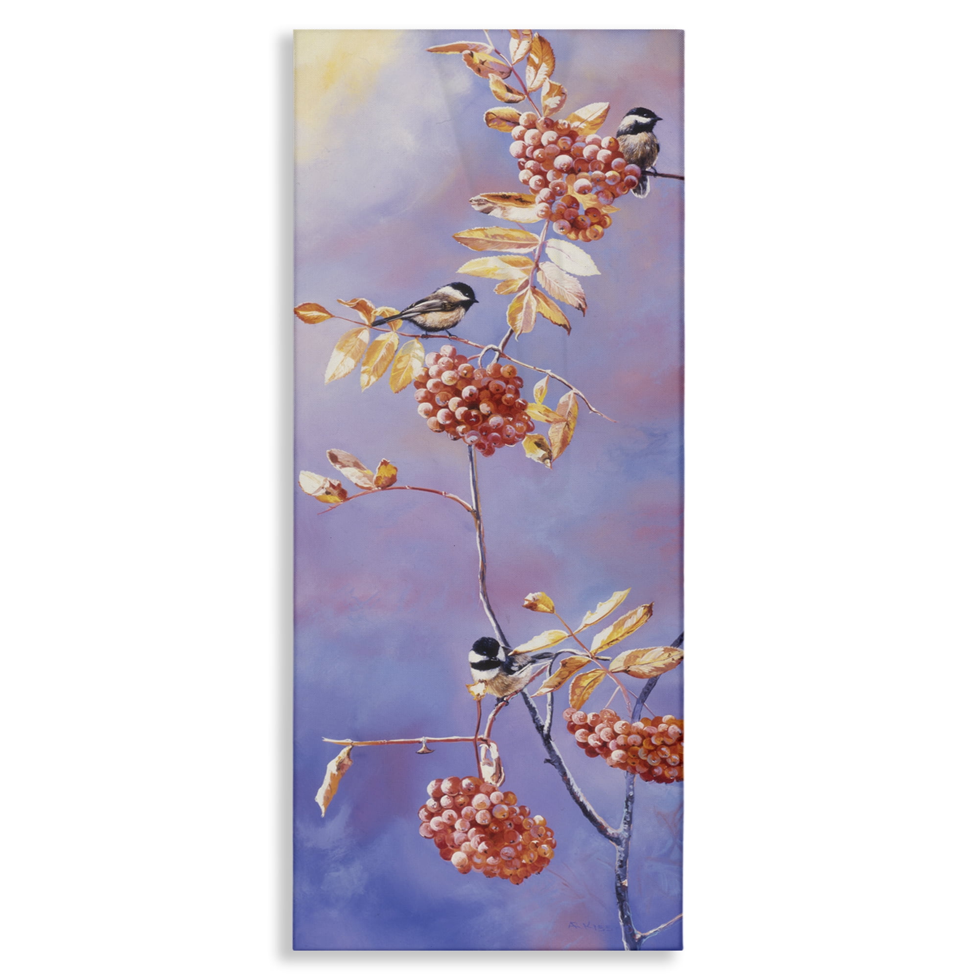 Stupell Industries Chickadees & Mountain Ash Plants & Flowers Painting Wrapped Canvas Art Print Wall Art, 20 x 48