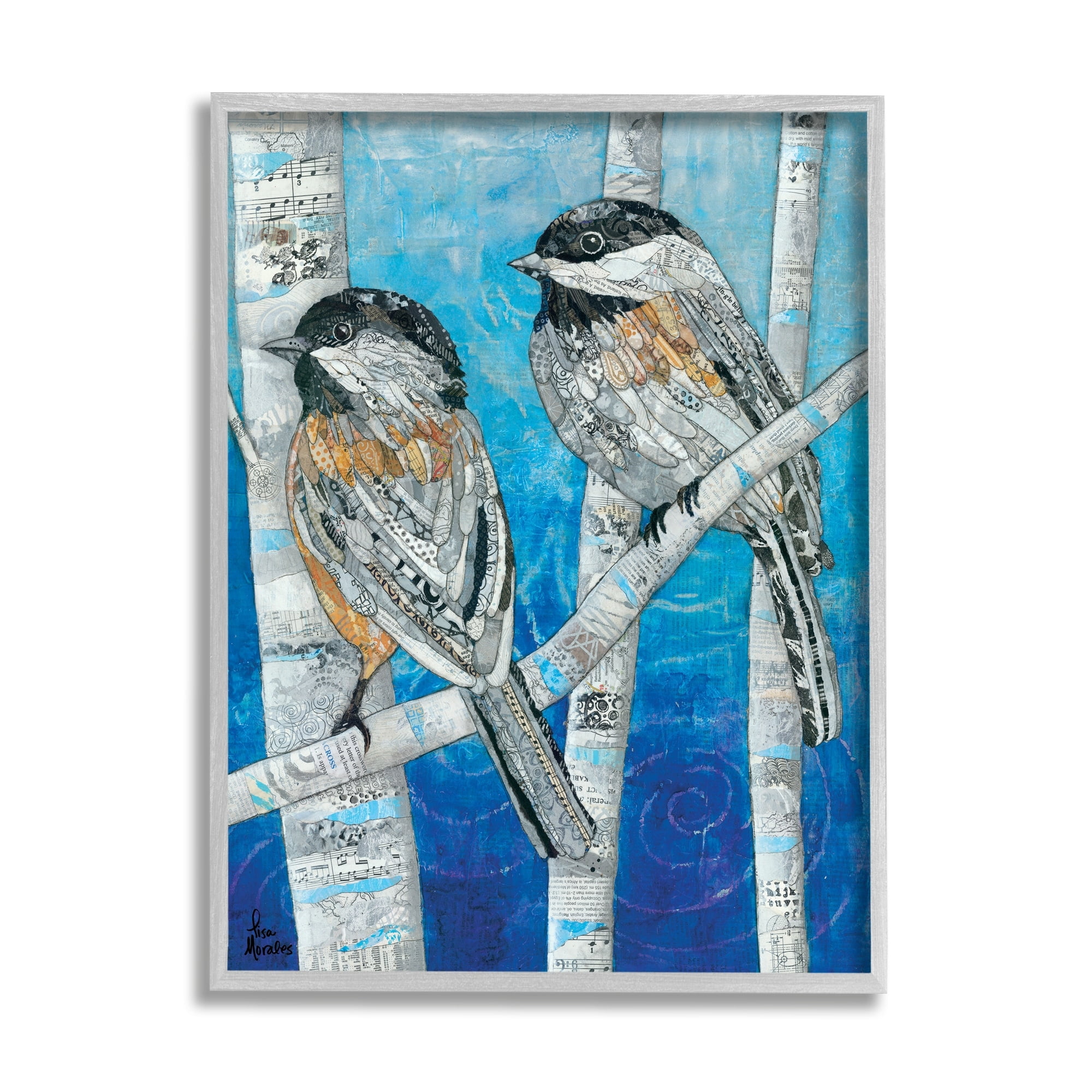 Stupell Industries Chickadees Perched Layered Ephemera Animal Birds Collage Painting Gray Framed Art Print Wall Art, Design by Lisa Morales