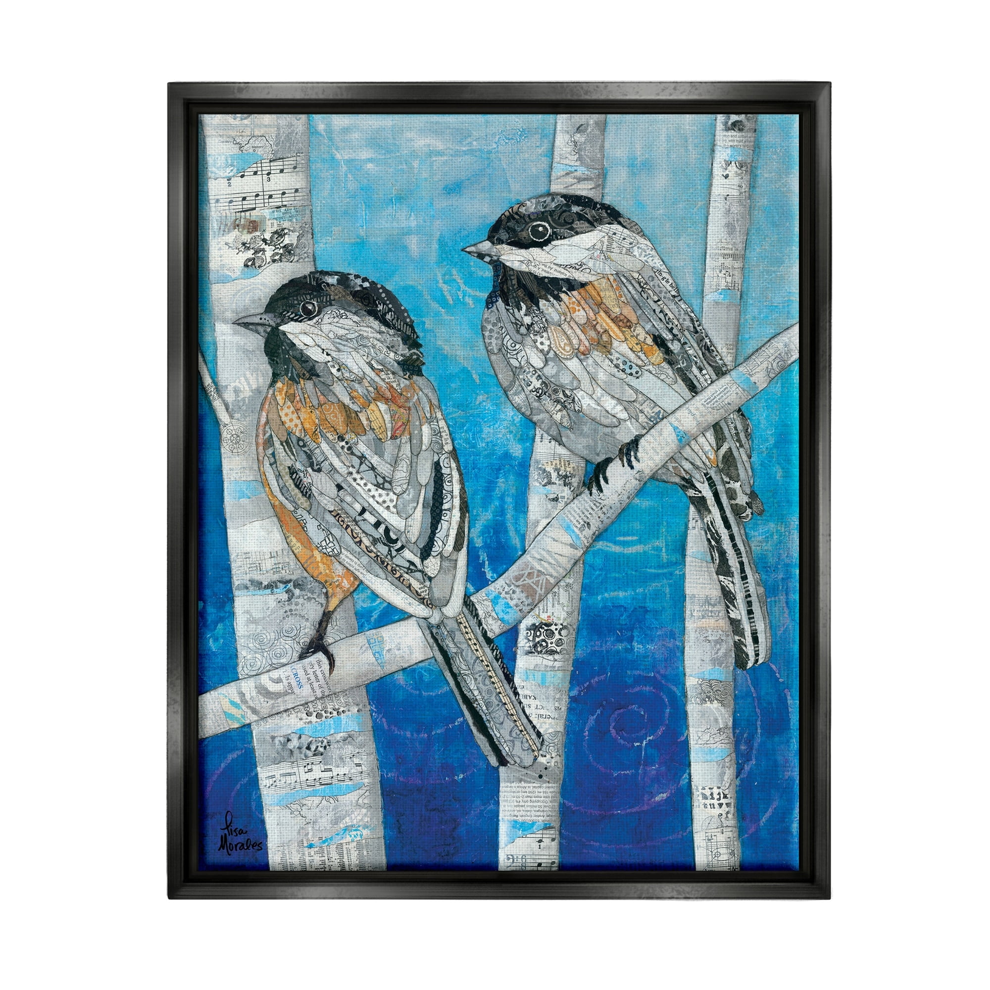 Stupell Industries Chickadees Perched Layered Ephemera Animal Birds Collage Painting Jet Black Floating Framed Canvas Print Wall Art, Design by Lisa Morales