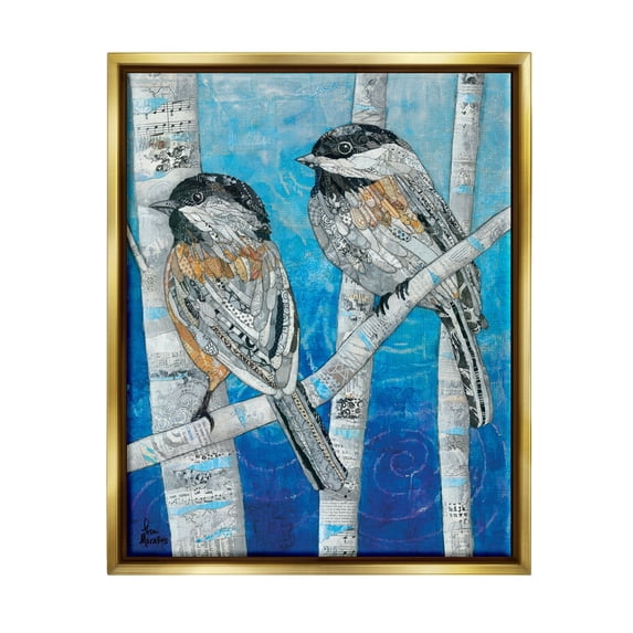 Stupell Industries Chickadees Perched Layered Ephemera Animal Birds Collage Painting Metallic Gold Floating Framed Canvas Print Wall Art, Design by Lisa Morales