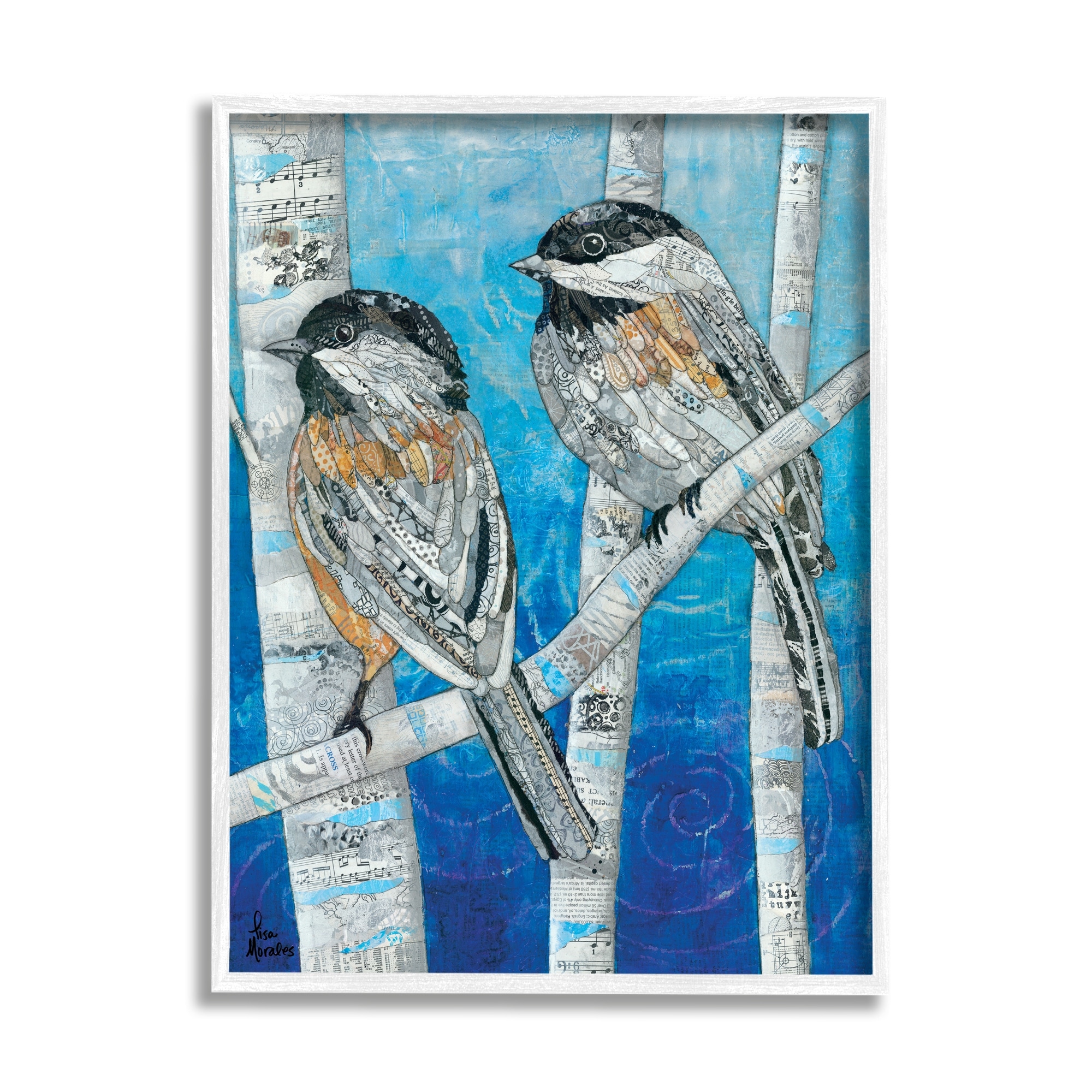 Stupell Industries Chickadees Perched Layered Ephemera Animal Birds Collage Painting White Framed Art Print Wall Art, Design by Lisa Morales