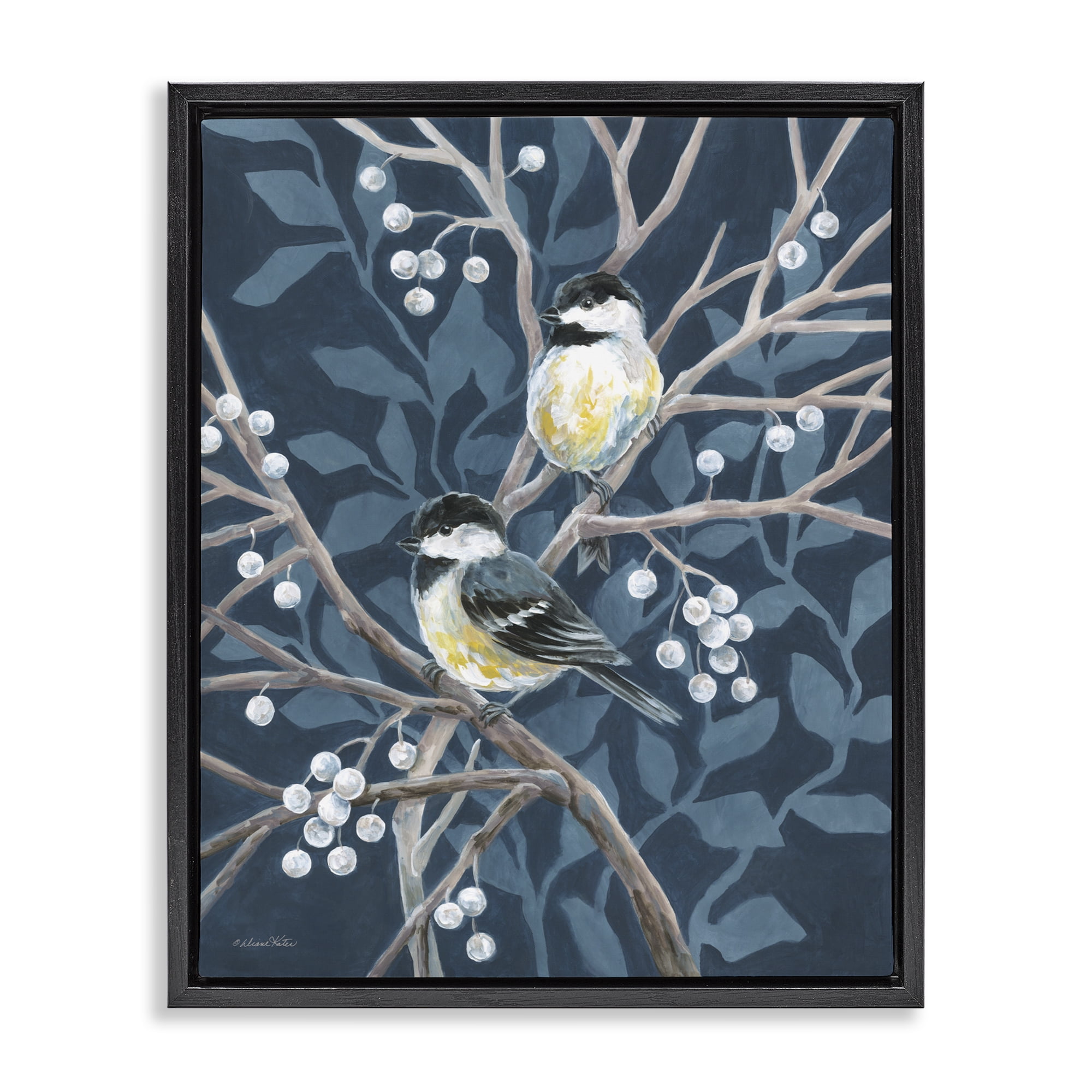 Stupell Industries Chickadees on Winter Berries Black Framed Floater Canvas Wall Art, design by Diane Kater