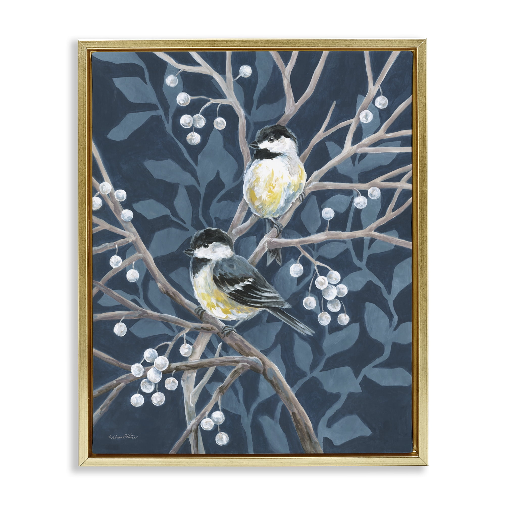 Stupell Industries Chickadees on Winter Berries Gold Framed Floater Canvas Wall Art, design by Diane Kater