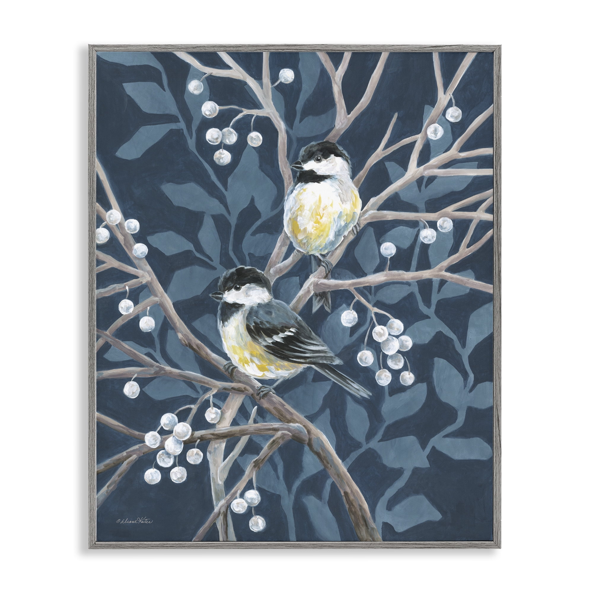 Stupell Industries Chickadees on Winter Berries Gray Framed Giclee Art, design by Diane Kater