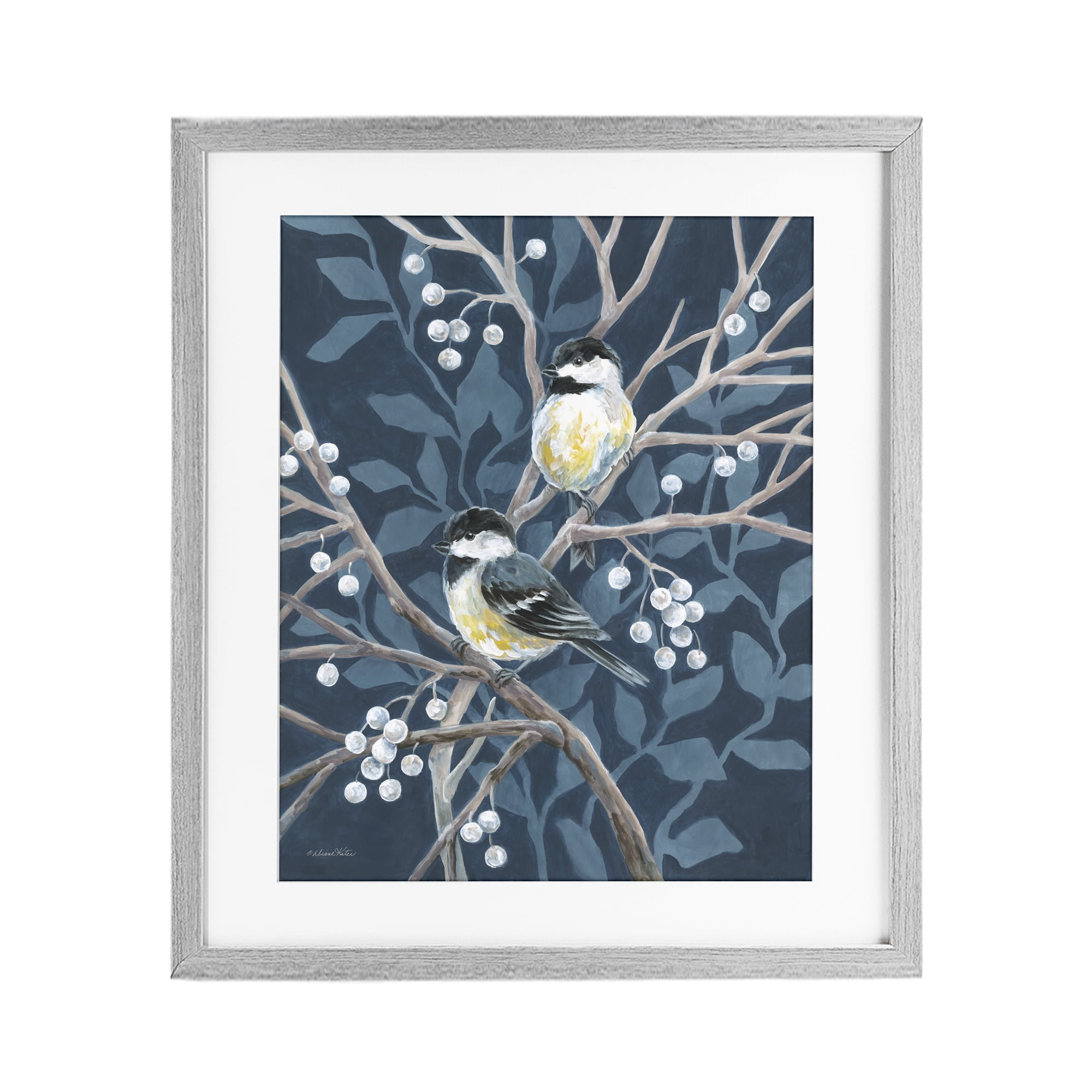 Stupell Industries Chickadees on Winter Berries Gray Framed Print Under Glass, design by Diane Kater