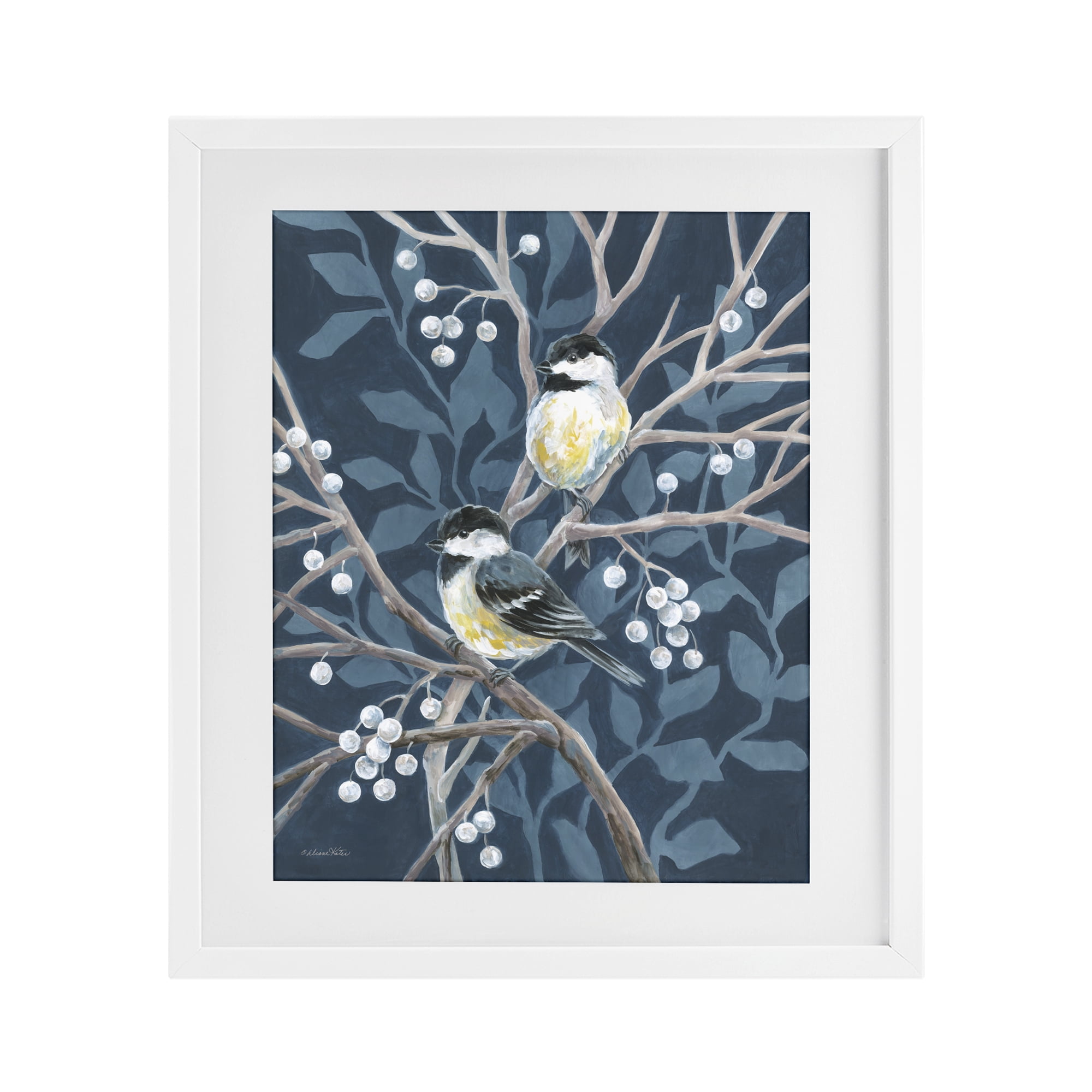 Stupell Industries Chickadees on Winter Berries White Framed Print Under Glass, design by Diane Kater
