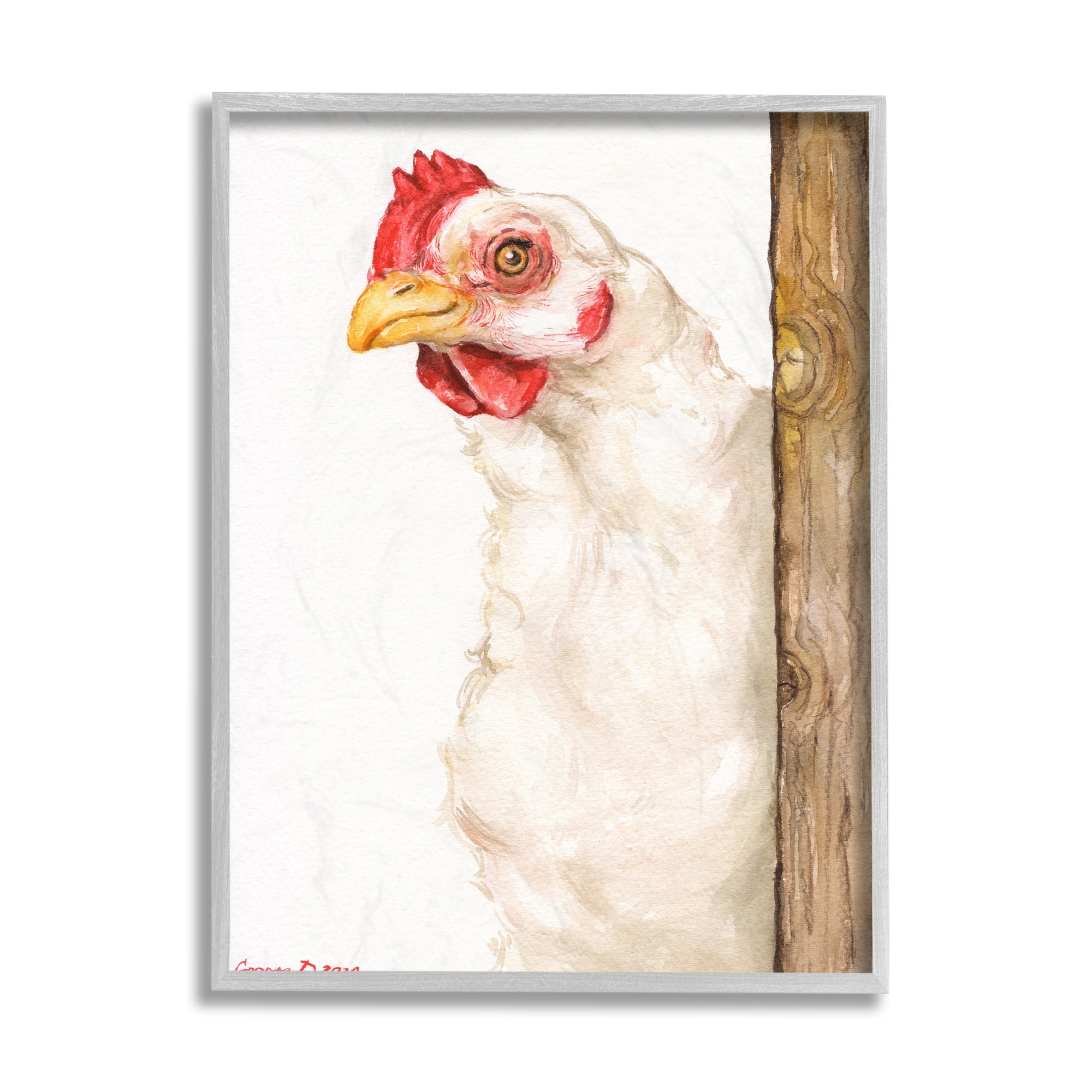 Stupell Industries Chicken Behind Fence Farm Animal Portrait Grey Framed, 16 x 20, Design by George Dyachenko