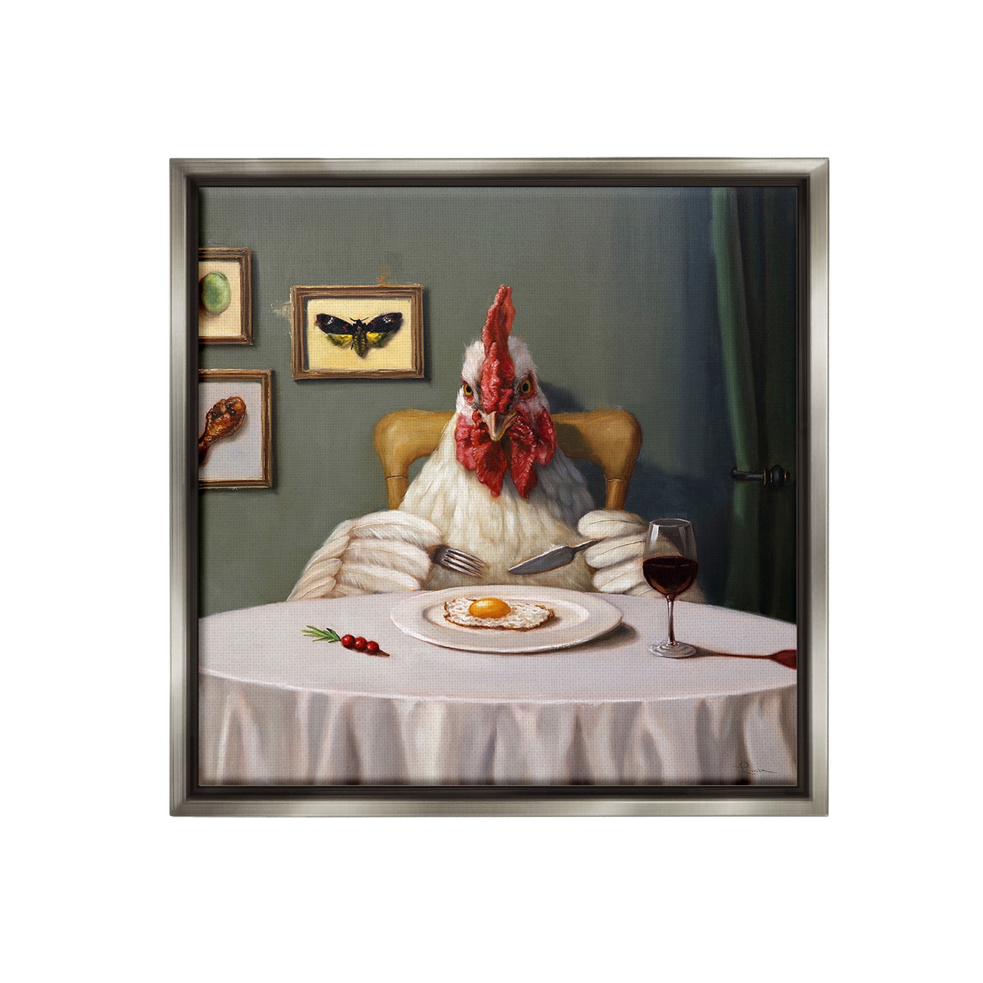 Stupell Industries Chicken & Egg Dinner Animals & Insects Painting Gray Floater Framed Canvas Art Print Wall Art, 18 x 18