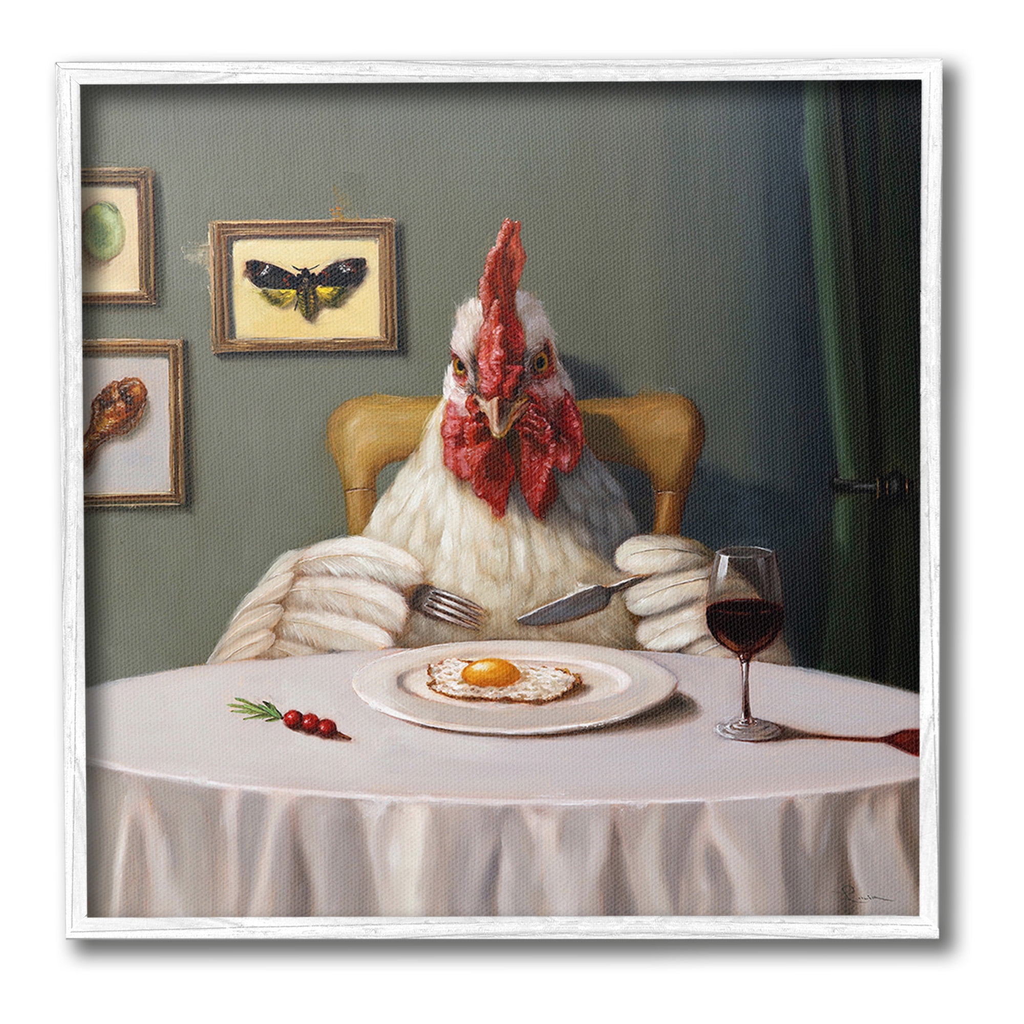 Stupell Industries Chicken & Egg Dinner Animals & Insects Painting White Framed Art Print Wall Art, 24 x 24