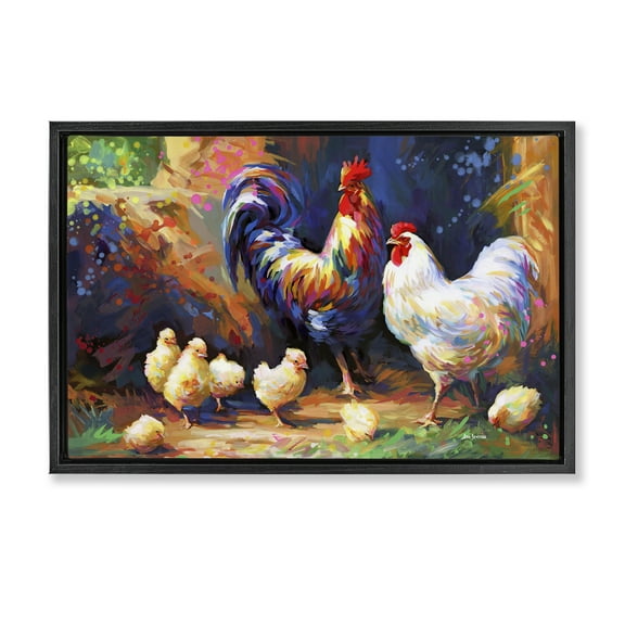 Stupell Industries Chicken Family Paint Splatter Animals & Insects Painting Black Floater Framed Canvas Art Print Wall Art, 25 x 17