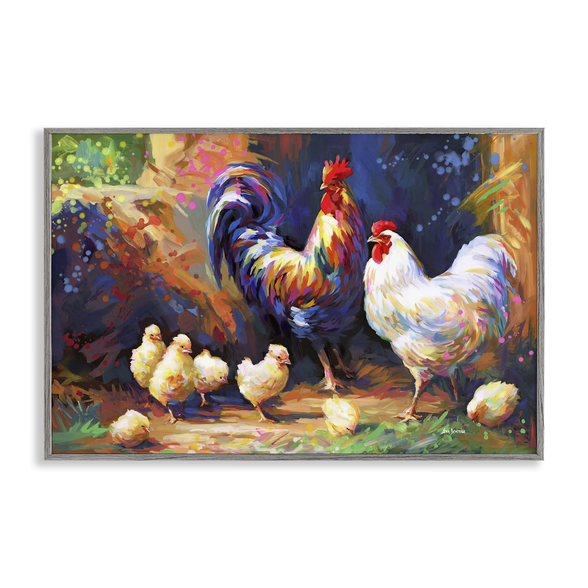 Stupell Industries Chicken Family Paint Splatter Animals & Insects Painting Gray Framed Art Print Wall Art, 24 x 16