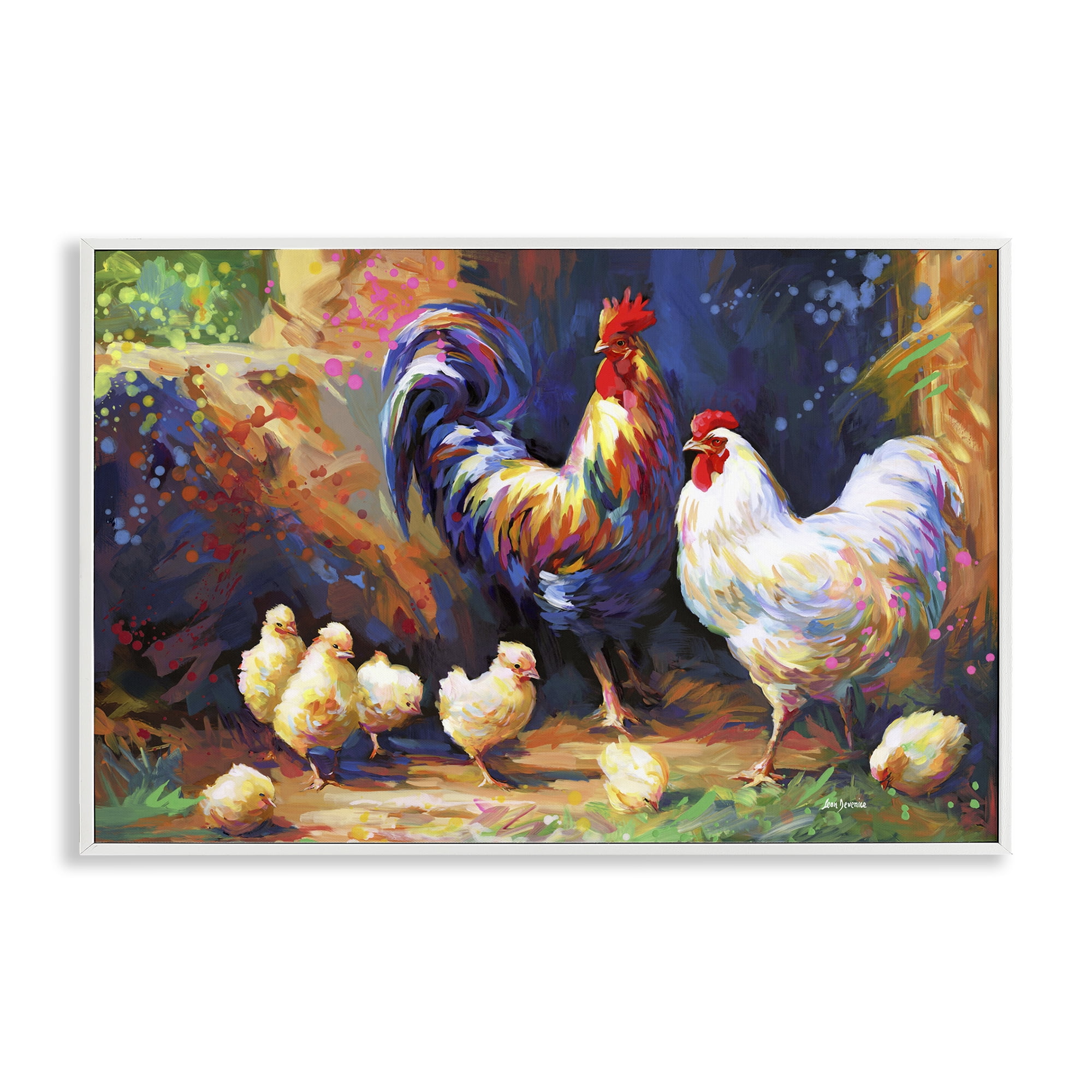 Stupell Industries Chicken Family Paint Splatter Animals & Insects Painting White Framed Art Print Wall Art, 30 x 20