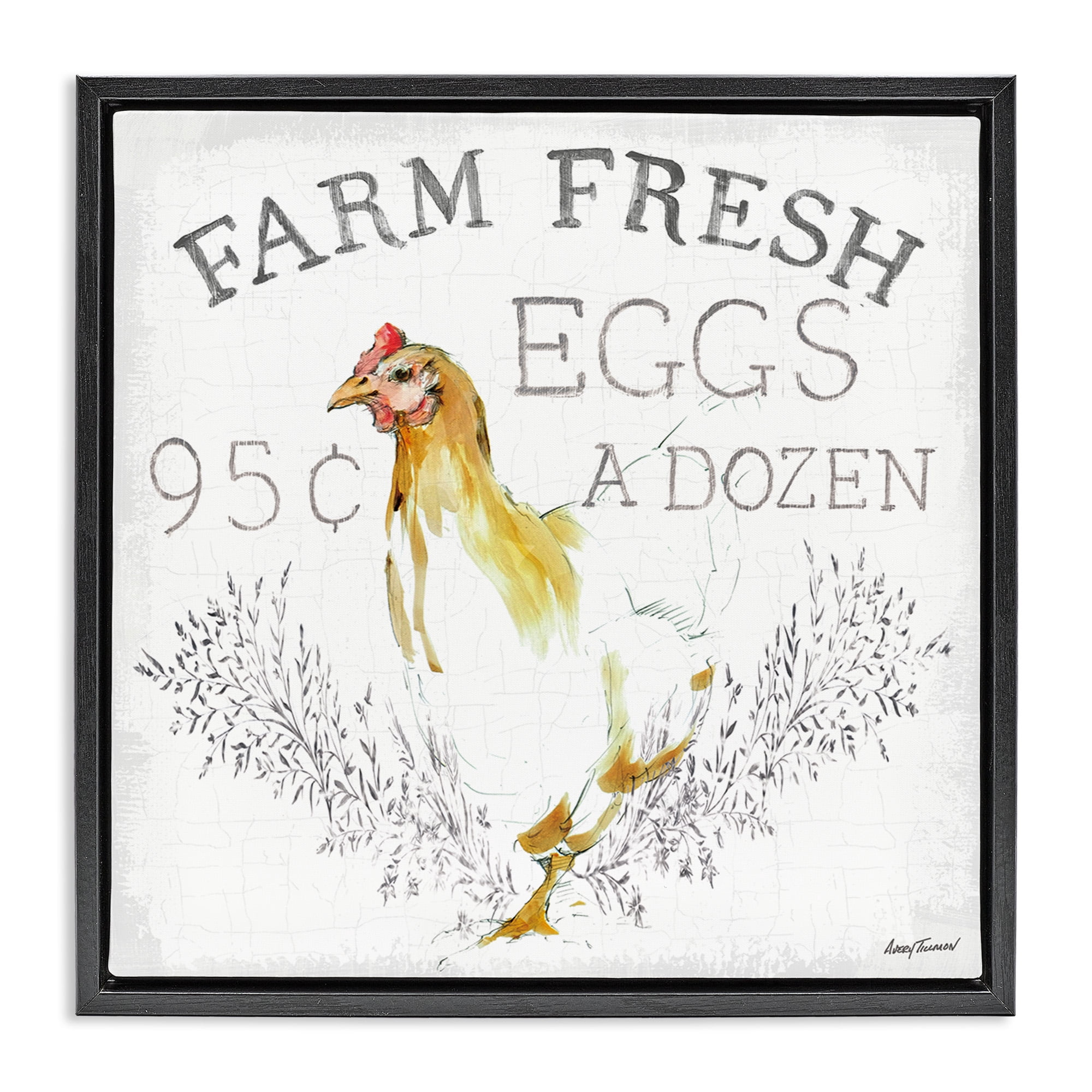 Stupell Industries Chicken Farm Fresh Vintage Sign Landscape Painting Black Floater Framed Canvas Art Print Wall Art, 25 x 25