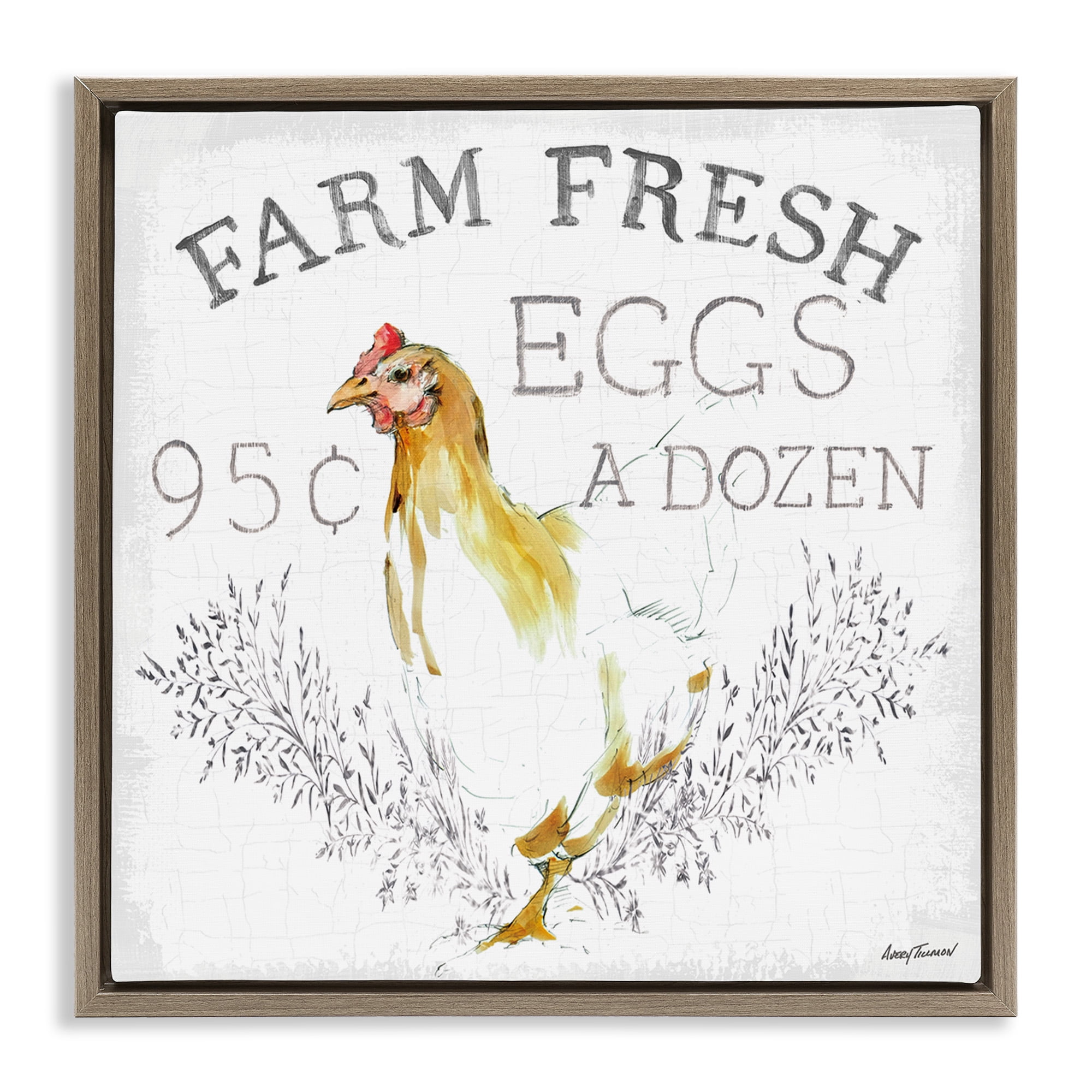 Stupell Industries Chicken Farm Fresh Vintage Sign Landscape Painting Brown Floater Framed Canvas Art Print Wall Art, 18 x 18