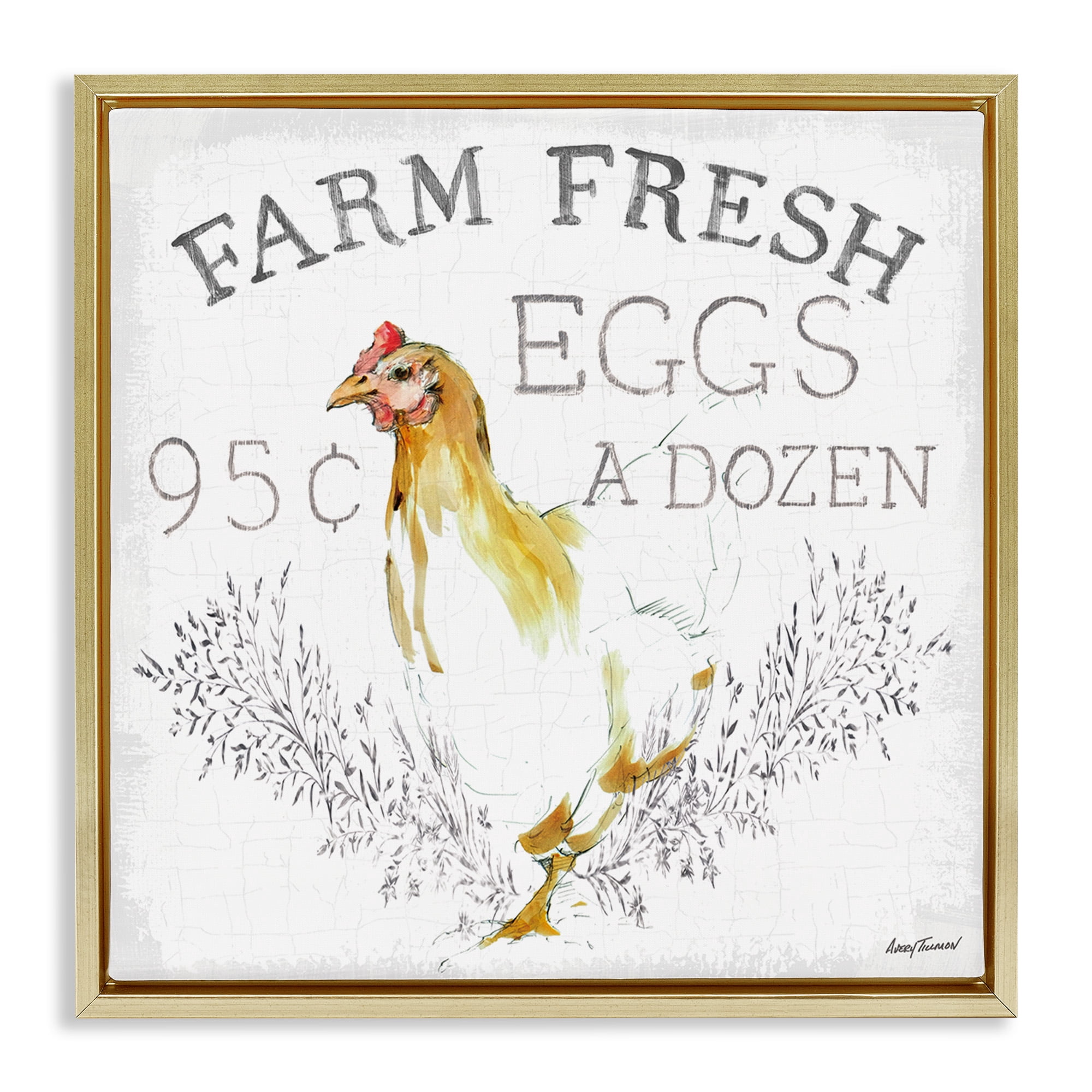 Stupell Industries Chicken Farm Fresh Vintage Sign Landscape Painting Gold Floater Framed Canvas Art Print Wall Art, 18 x 18