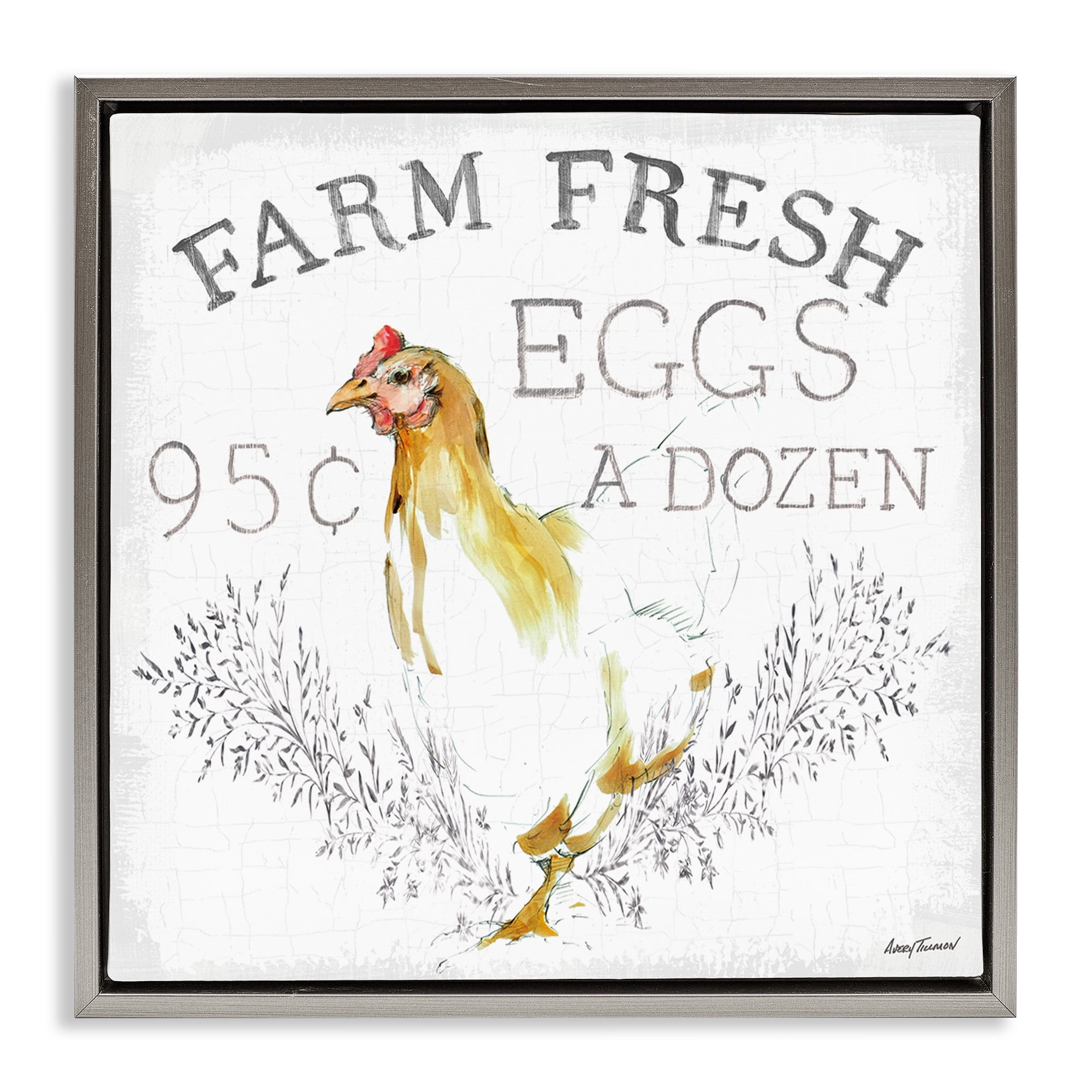 Stupell Industries Chicken Farm Fresh Vintage Sign Landscape Painting Gray Floater Framed Canvas Art Print Wall Art, 25 x 25