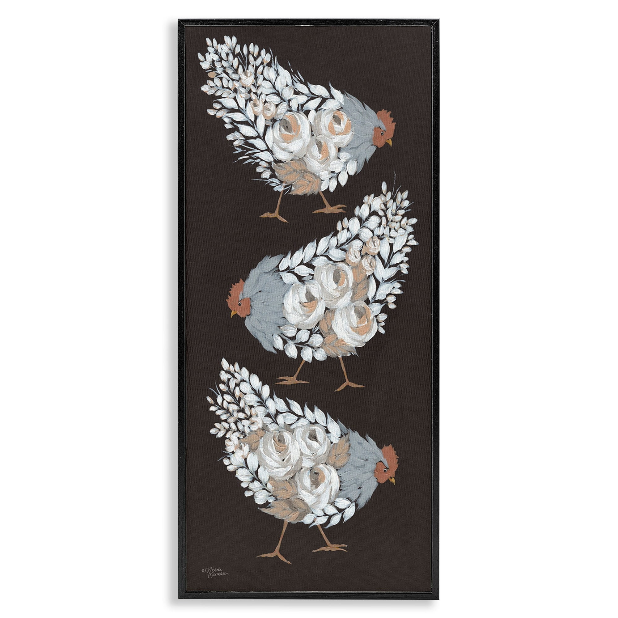 Abstract Floral Chickens Black Framed Canvas Print, 13 x 30