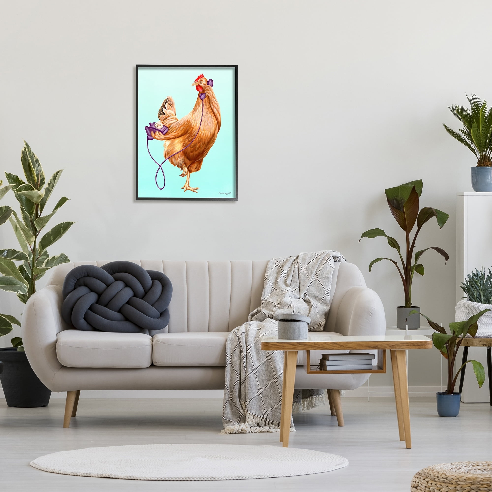Stupell Industries Chicken Hen Bird Talking Purple Rotary Phone Graphic Art Black Framed Art Print Wall Art, Design by Amelie Legault