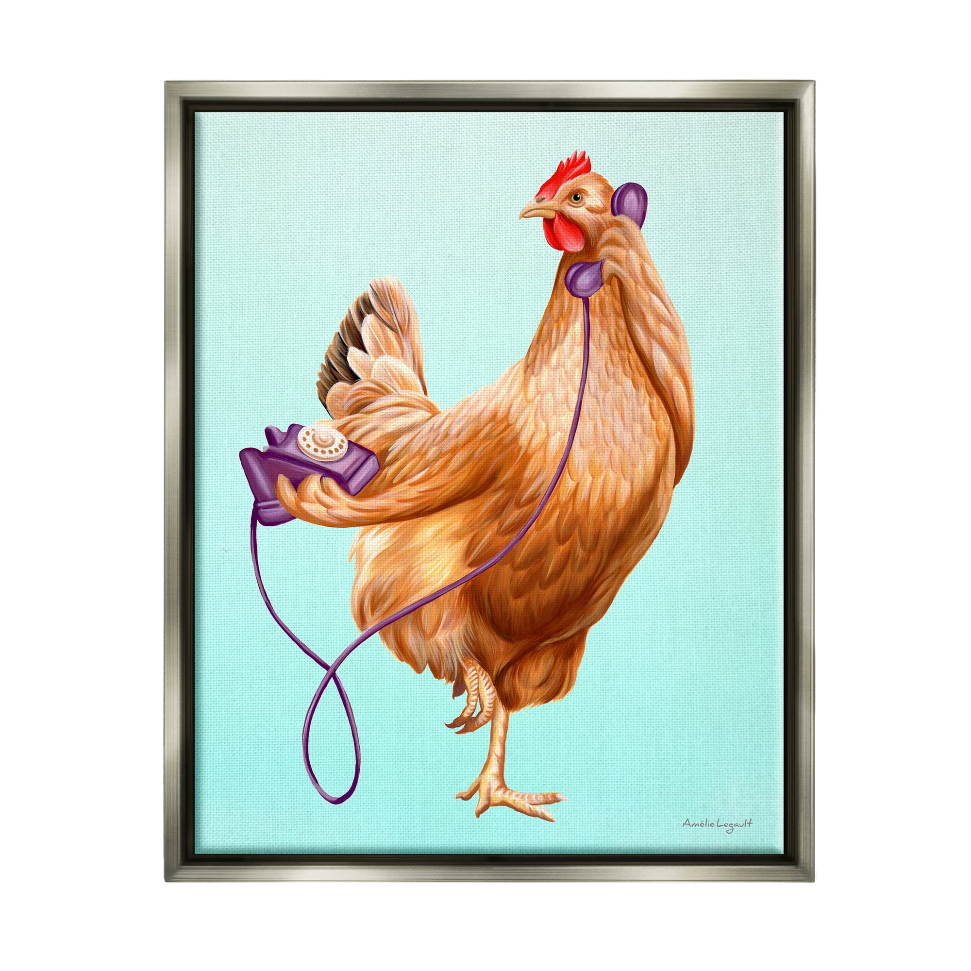 Stupell Industries Chicken Hen Bird Talking Purple Rotary Phone Graphic Art Luster Gray Floating Framed Canvas Print Wall Art, Design by Amelie Legault